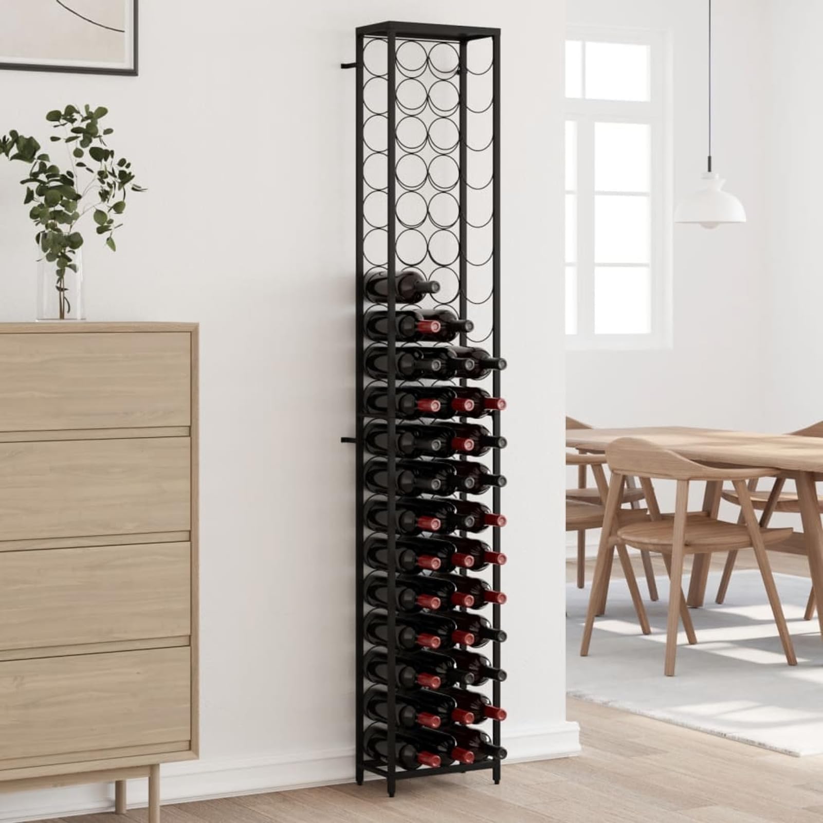 Homgoday Mobili - Botellero de 57 botellas, color negro, 34 x 18 x 200 cm, de hierro forjado, botellero de vino, botellero de vino, botellero de vino, mueble para vino