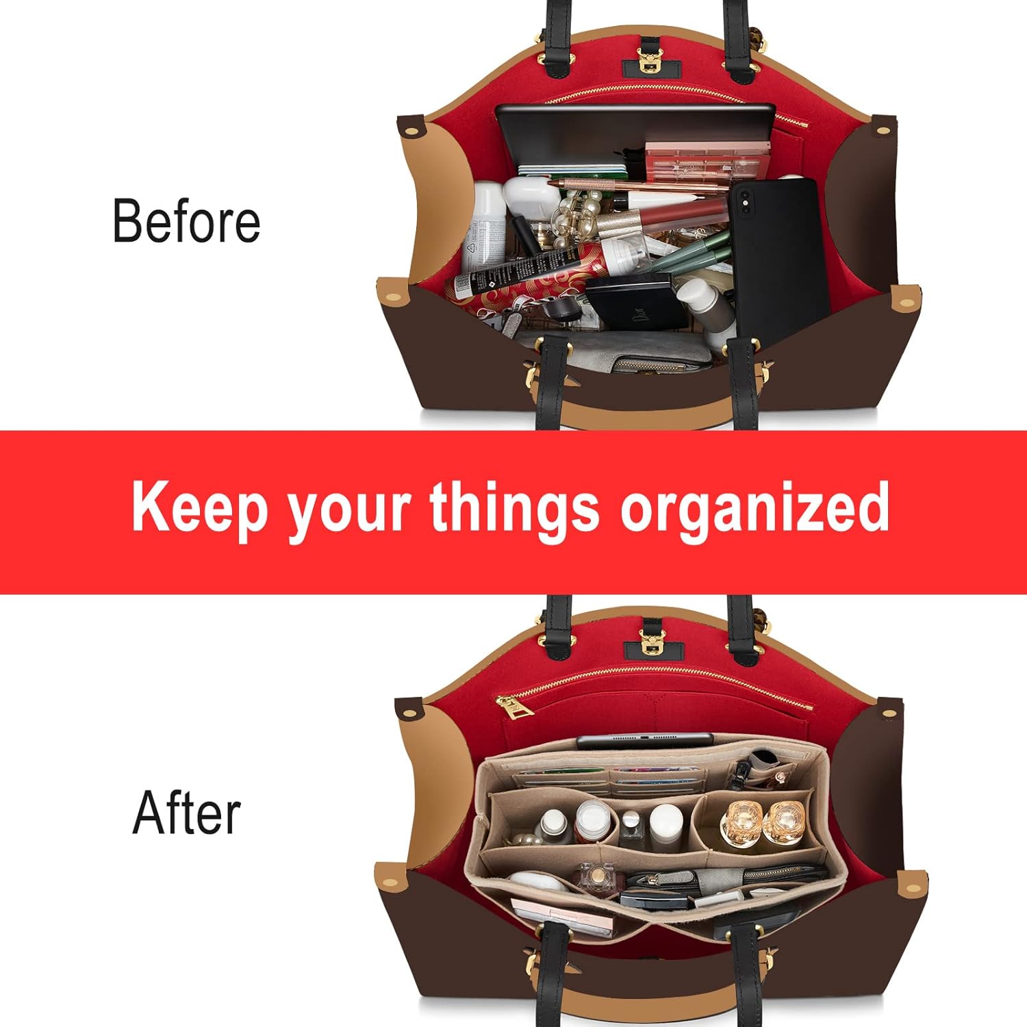 Vercord Felt Purse Organizer Insert Onthego 35 Handbag Tote Bag Organizer Bag in Bag with Removable Zipper - Image 6