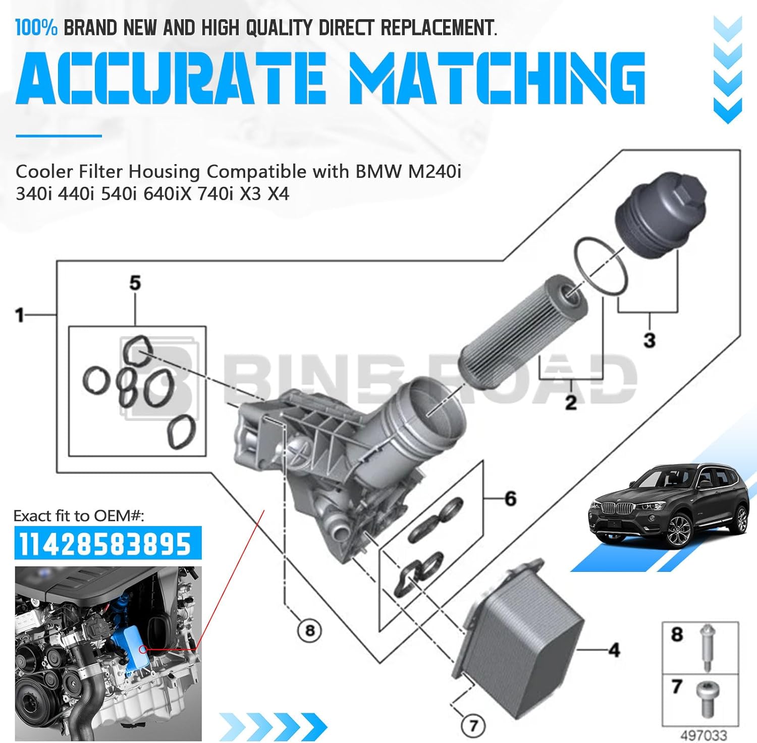 Aluminium Engine Oil Cooler Filter Housing 11428583895 Compatible with BMW X3 X4 340i 440i 540i 640iX 740i M240i 2014-2019