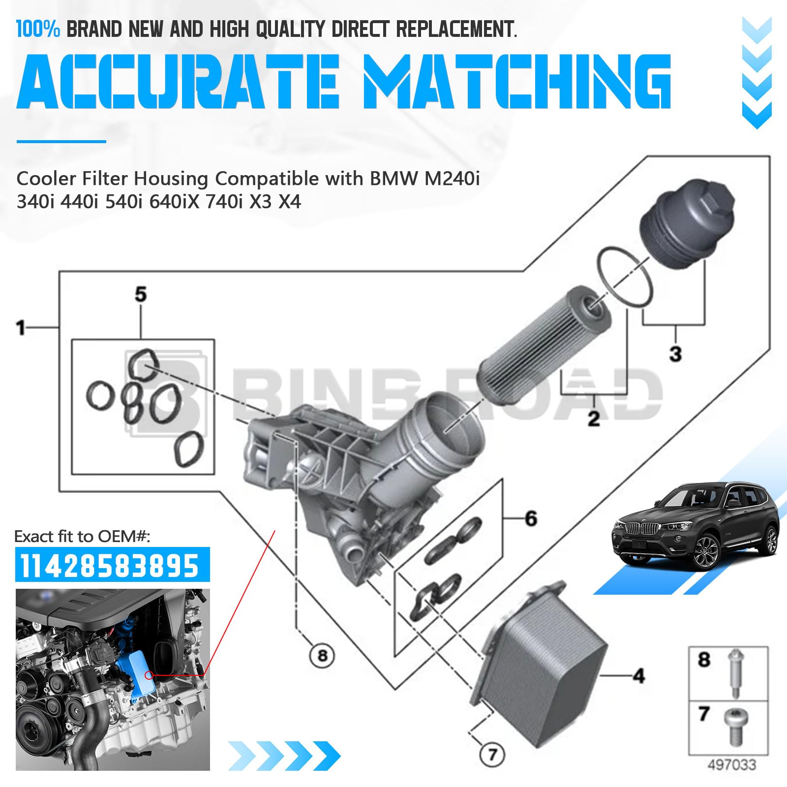 BINB ROAD Aluminium Engine Oil Cooler Filter Housing 11428583895 Compatible with BMW X3 X4 340i 440i 540i 640iX 740i M240i 2014-2019