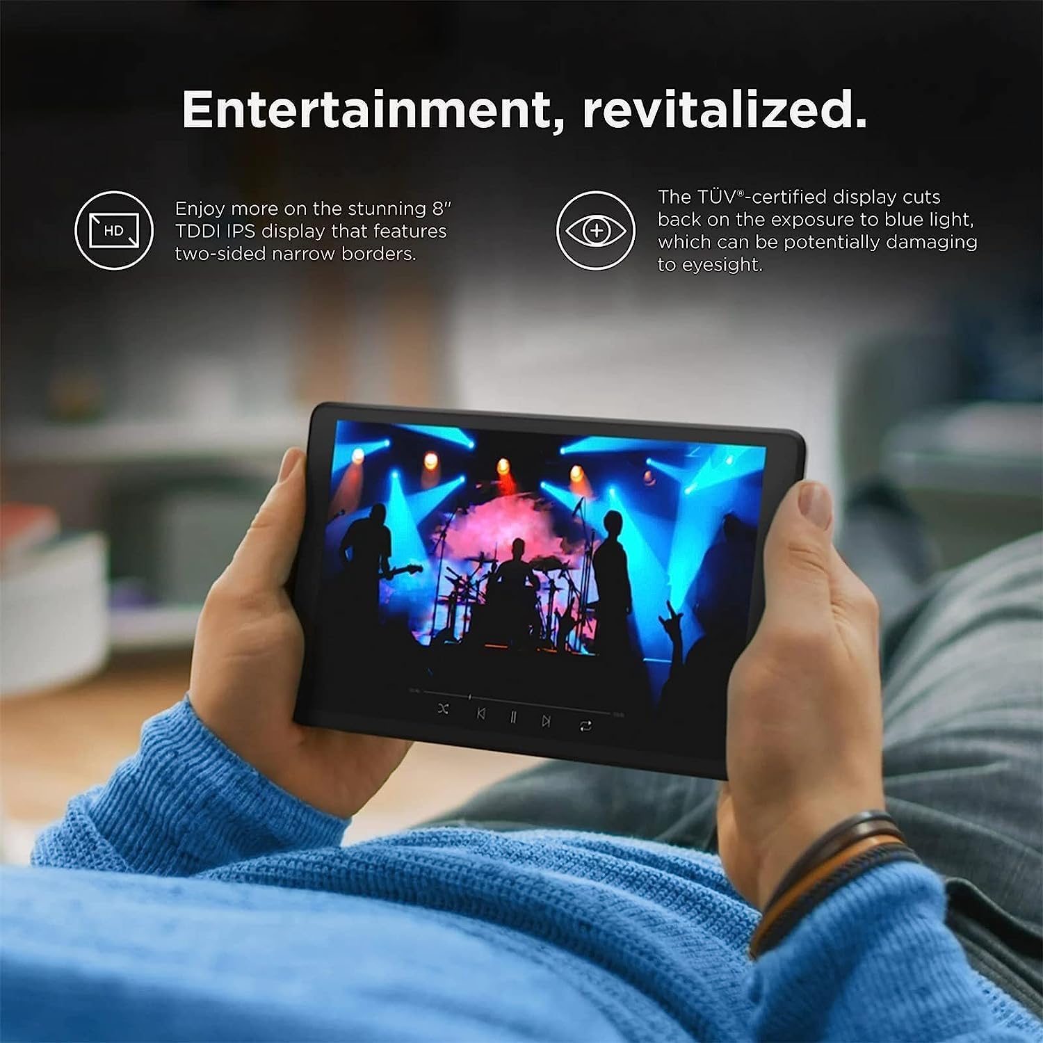 Lenovo Tab M8 (3rd Gen) tablet being held, displaying a vibrant image, emphasizing its 8-inch HD TDDI IPS display with narrow borders and TÜV-certified eye protection.