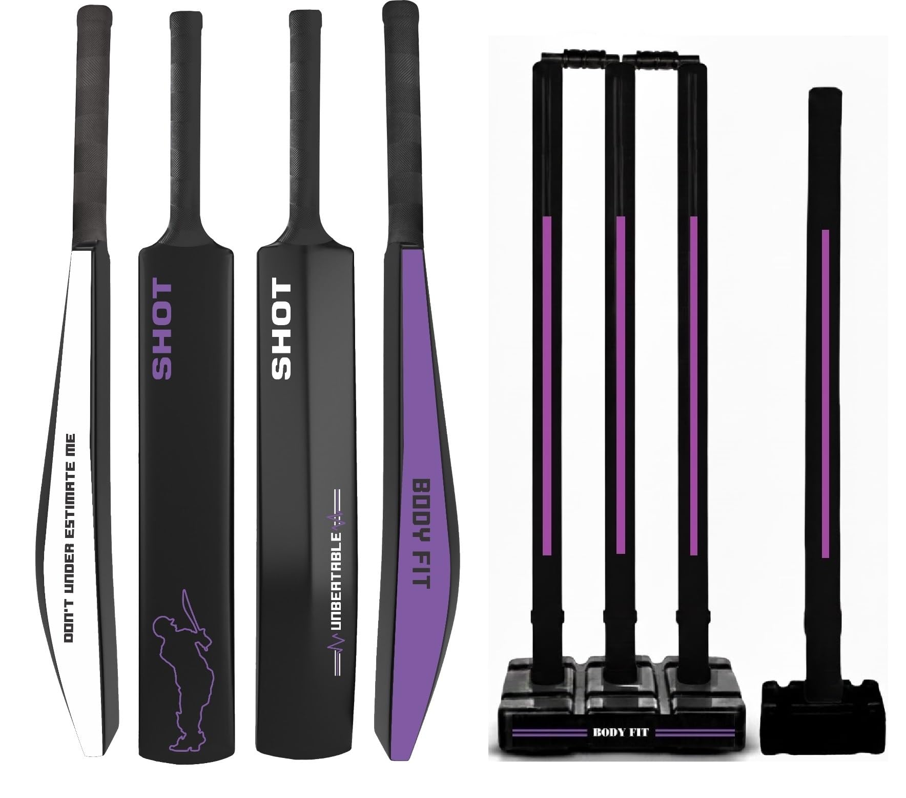Bodyfit Shot Heavy Duty Premium T-20 Cricket Bat for Men, Women & Children | Lightweight| Full Size| | Hard Plastic Bat| Premium Cricket Wicket Set l 4 Stumps+2 Bails+2 Stands Set Purple.-picture-14