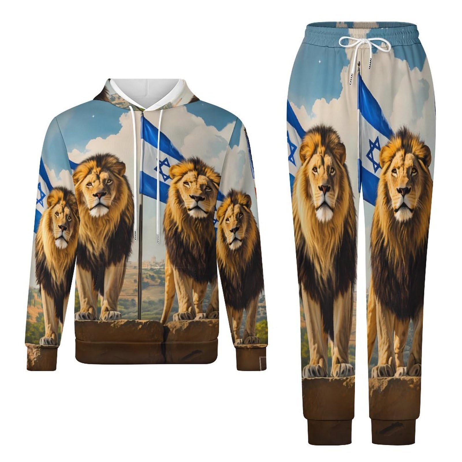 Conjunto de sudadera para hombre con la bandera de Israel de los Leones de Estados Unidos, conjunto de sudadera de 2 piezas para descansar, casual, sudadera cómoda con capucha