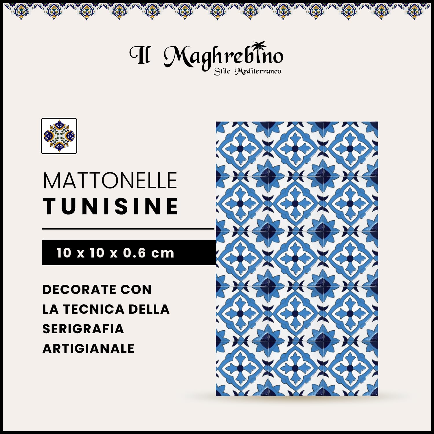 20 Mattonelle STILE ARABO in ceramica smaltata 10 X 10 cm spessore 0,6 cm - Mattonelle Tunisine realizzate con Serigrafia Artigianale (Yessmine Blu Cielo). Adatte a rivestimento.