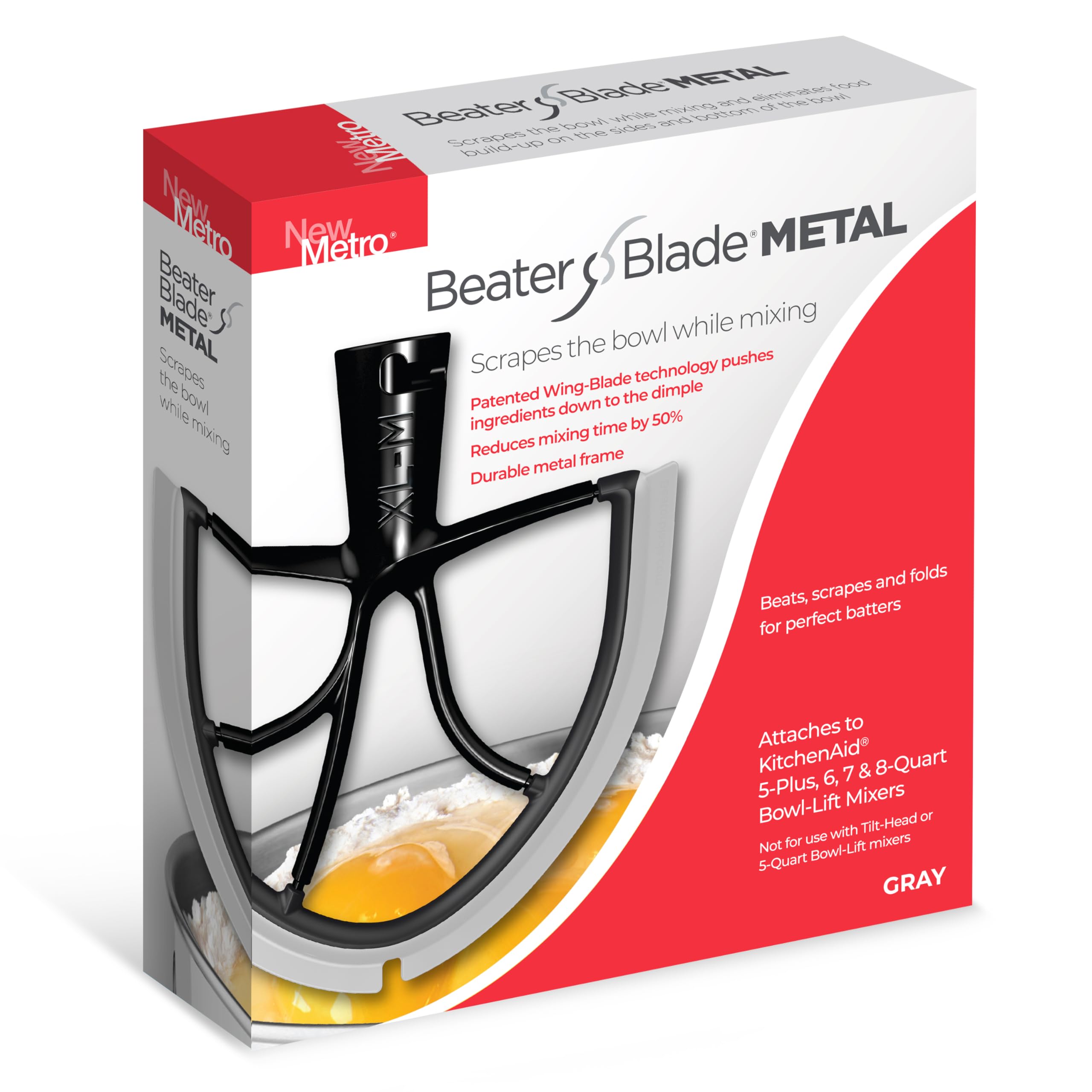 New Metro Design Beater Paddle Replacement Blade, Fits 5-Plus, 6, 7 & 8-Qt Bowl-Lift stand mixers, XL-MAX-Gray, Gray