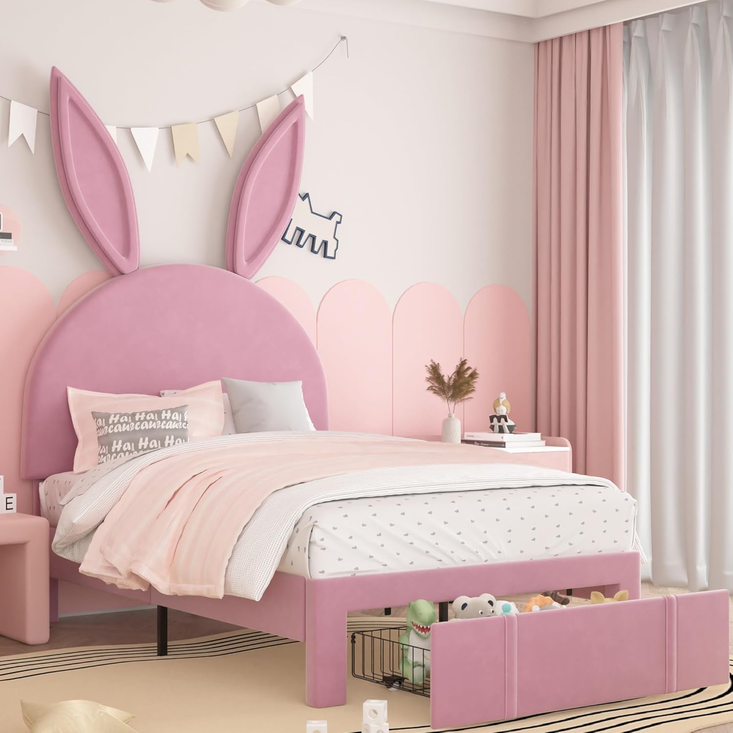 VECELO Twin Upholstered Bed Frame, Girls Bed with Rabbit Headboard Adjustable and Storage Drawer, Princess Platform Bed, Wooden Slats Support, No Box Spring Needed, Pink