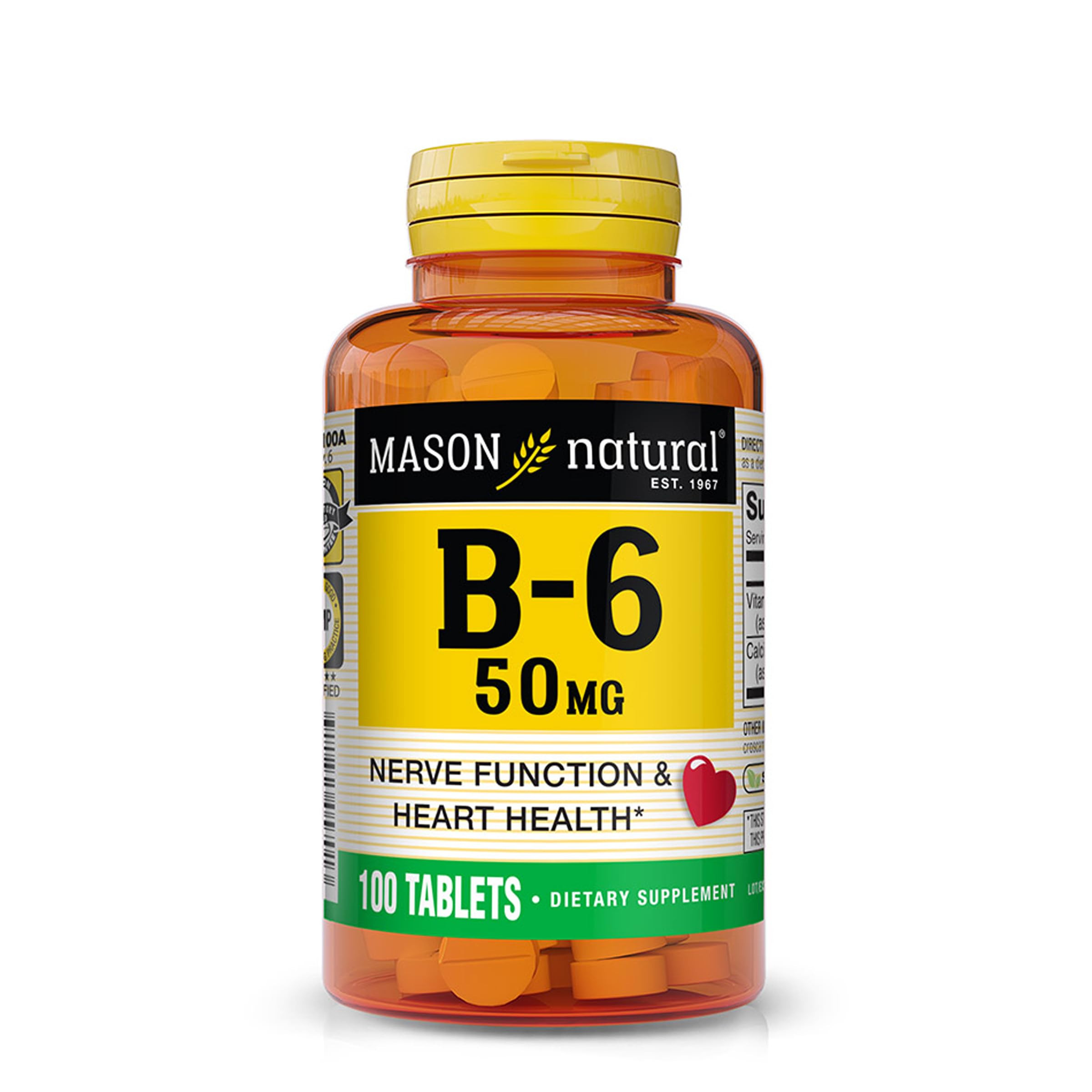 MASON NATURAL Vitamin B6 50 mg with Calcium - Healthy Heart, Supports Muscle and Nerve Function, Improved Energy Metabolism, 100 Tablets