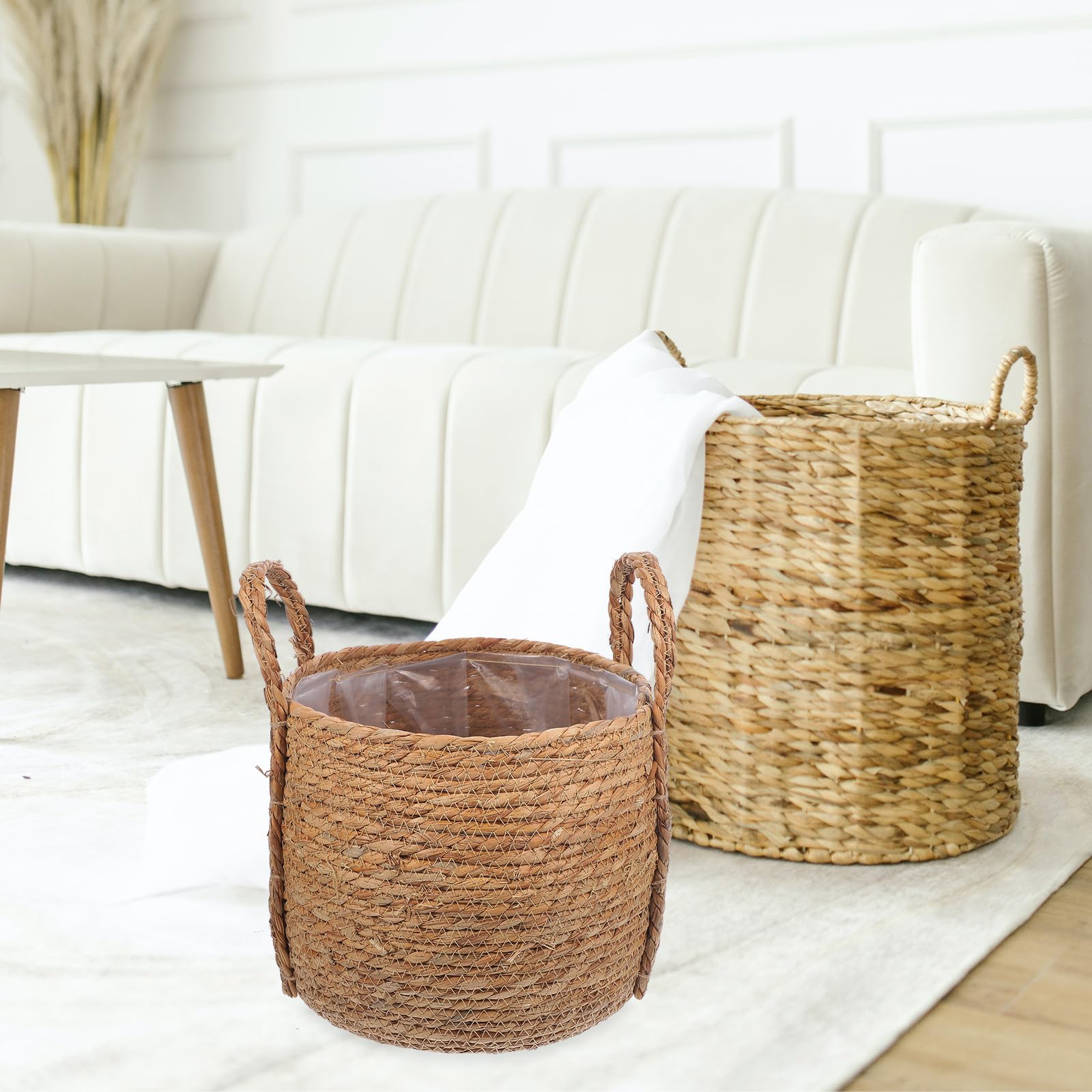 Panier à Plantes Tressé en Jonc de Mer Poignées, Utilisable comme Jardinière D’Intérieur et Panier de Rangement Petit Format