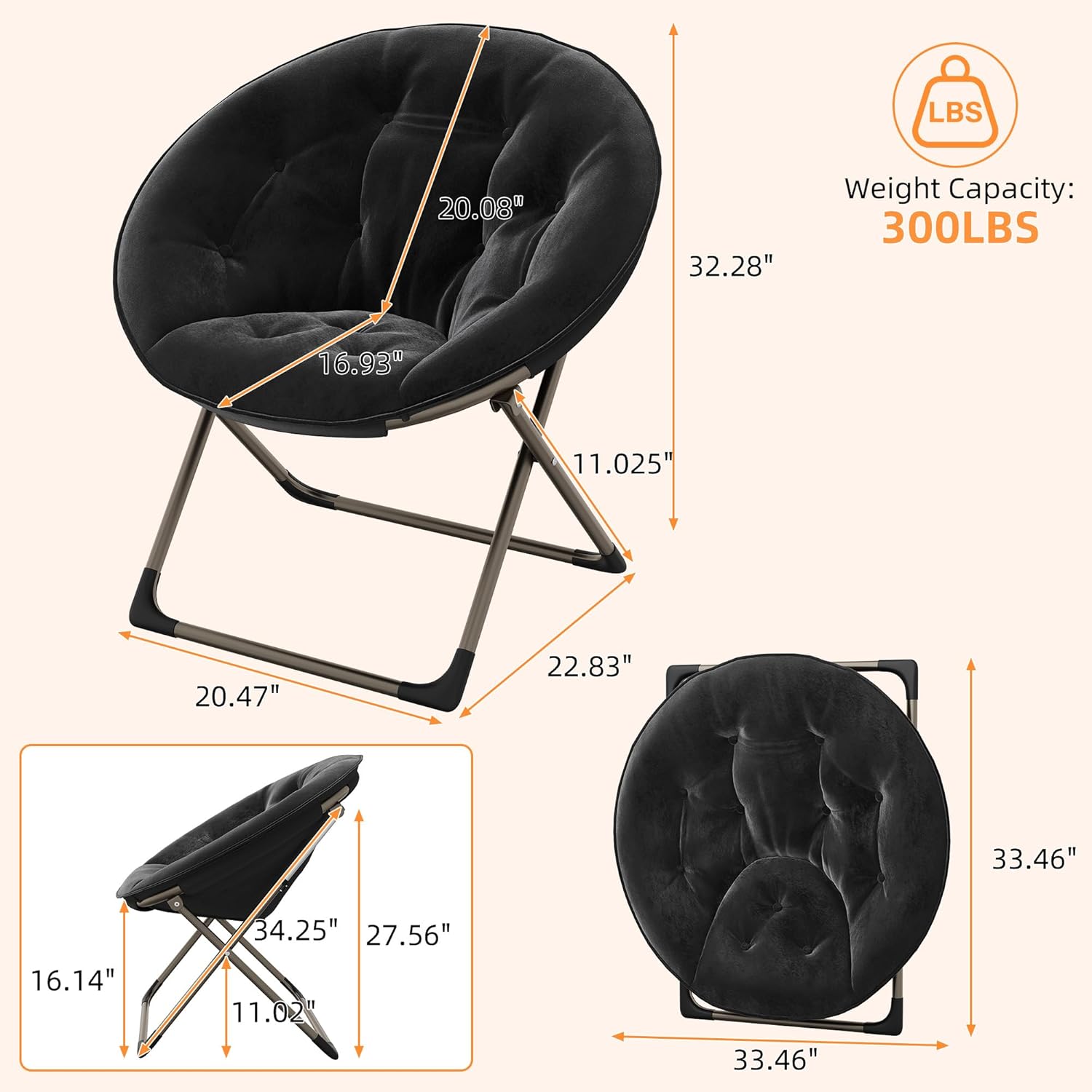 idealhouse comfy folding padded saucer chair, folding circle chair with metal frame, soft moon chair for bedroom, dorm rooms, apartments, lounging, garden and courtyard, black black with gold legs