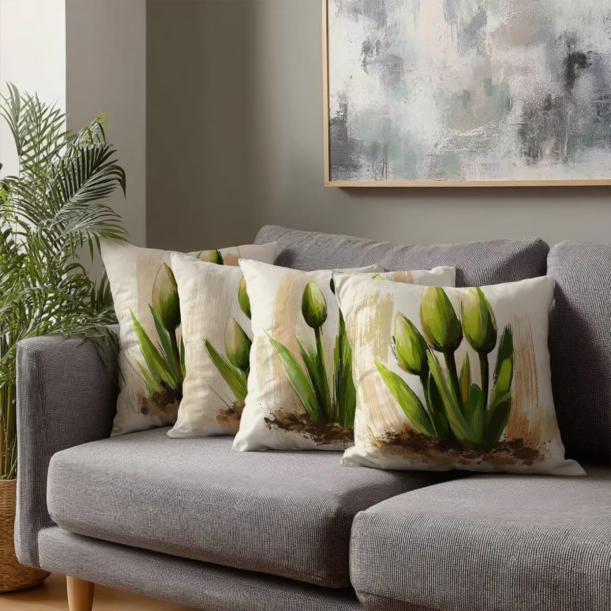 Federe Cuscini Divano 60x60 cm, Crema Cuscini per Divano, Velluto Federe Cuscino Letto Impermeabili Set da 4, Copricuscini Pianta Motivo con Cerniera Invisibile Design per Sofá, Regalo Donna G-17