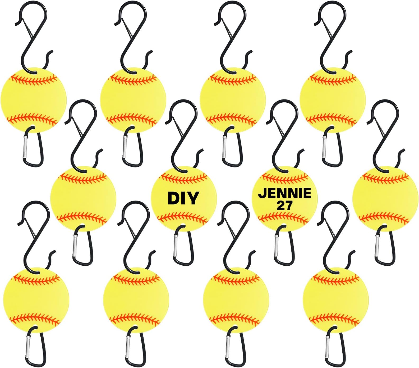 starfa lab 12PCS Softball Bag Fence Hooks, Metal Backpack Hooks with Writable Acrylic Board, Sports Fence Pocket Hook to Hang Baseball Bags, Water Bottles and Hats (Yellow12P)