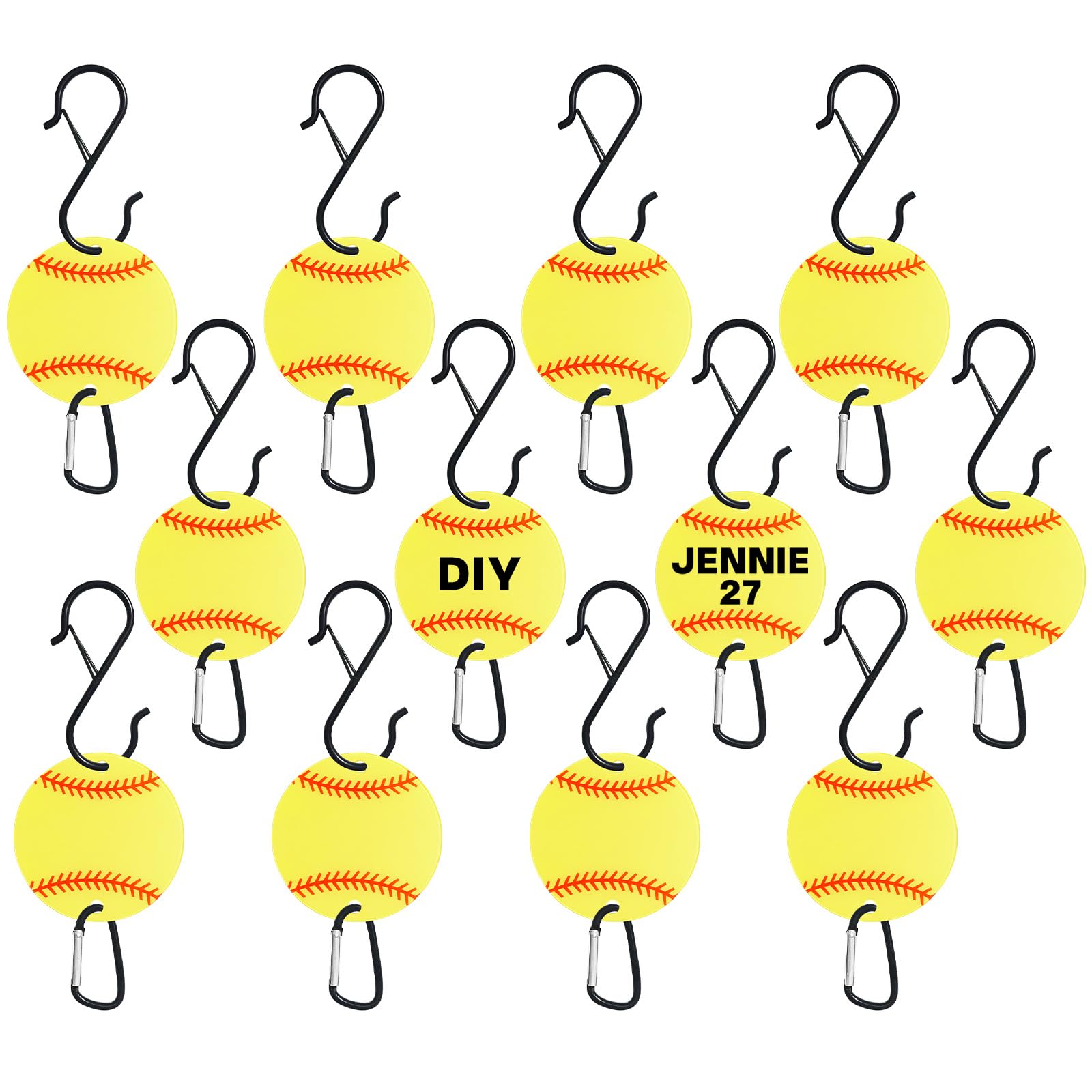 starfa lab 12PCS Softball Bag Fence Hooks, Metal Backpack Hooks with Writable Acrylic Board, Sports Fence Pocket Hook to Hang Baseball Bags, Water Bottles and Hats (Yellow12P)