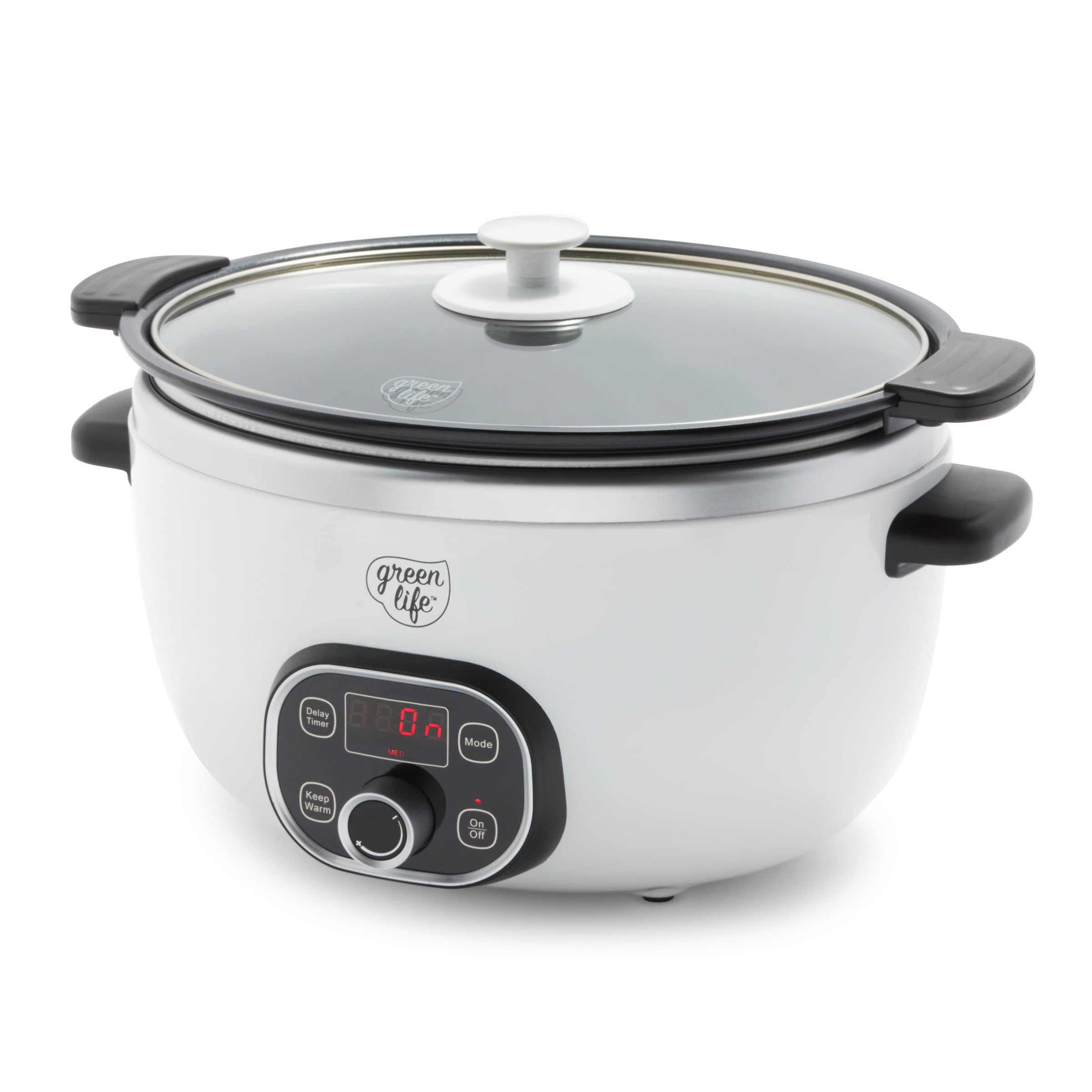 GreenLife 6QT Slow Cooker, Non-Toxic PFAS-Free Ceramic Nonstick Removable Interior Bowl, Programmable, Family Friendly, Keep Warm, Stovetop & Oven Safe, Dishwasher Safe Parts, Timer, Glass Lid, White
