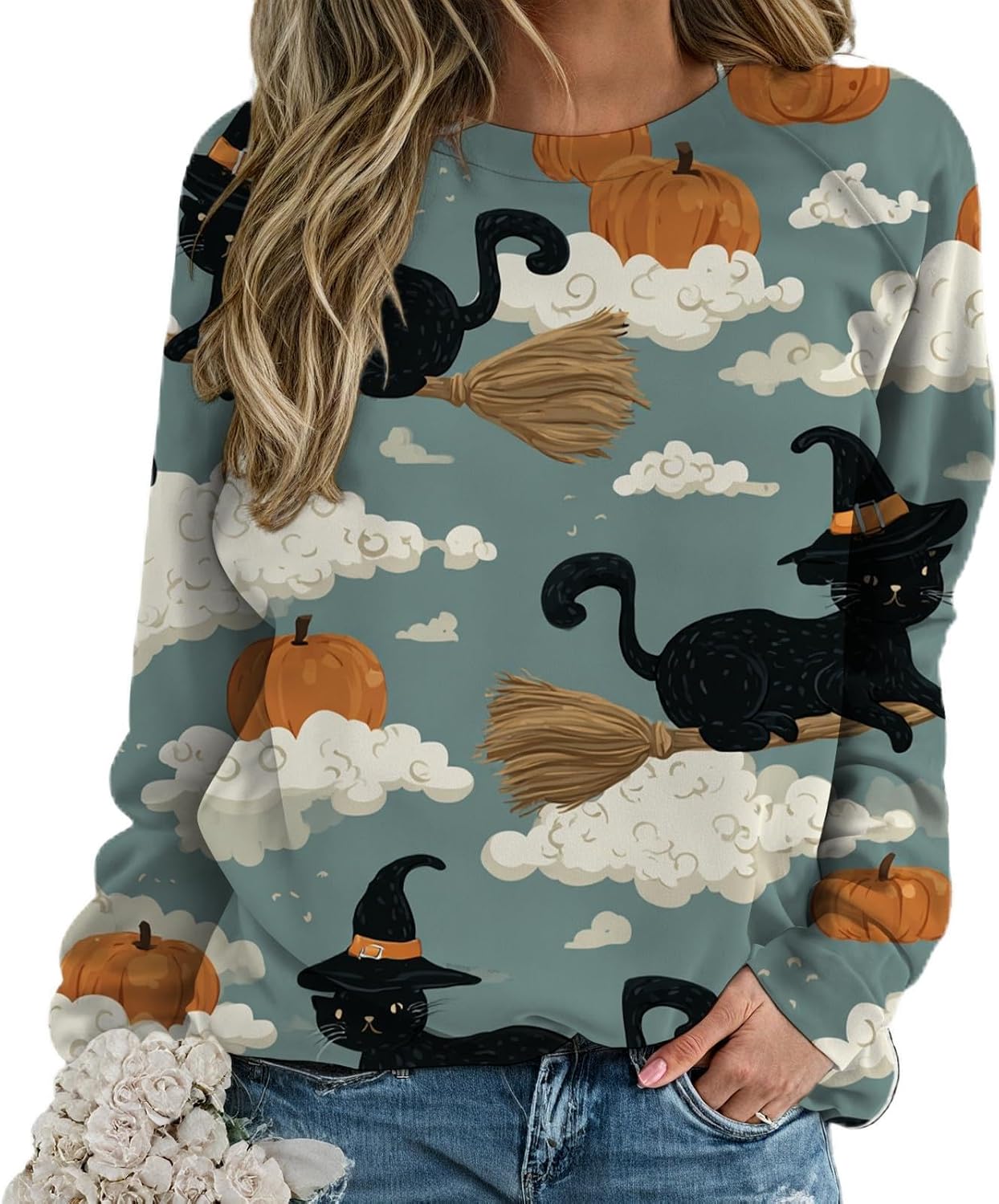 Novelty Halloween Shirts for Women Trendy Graphic Print Long Sleeve Crewneck Fall Tops Loose Casual Pullover