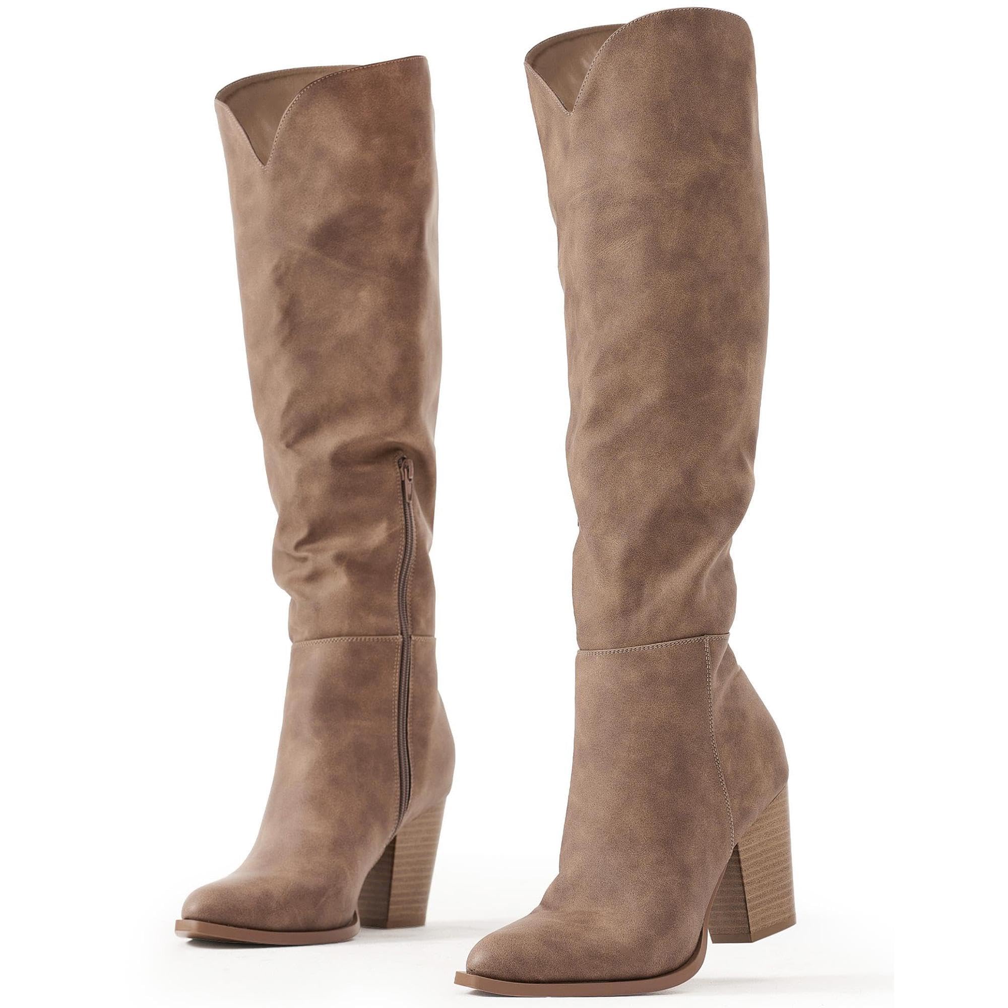 Putu Womens Knee High Boots High Heel Western Boots Pointed Toe Tall Boots