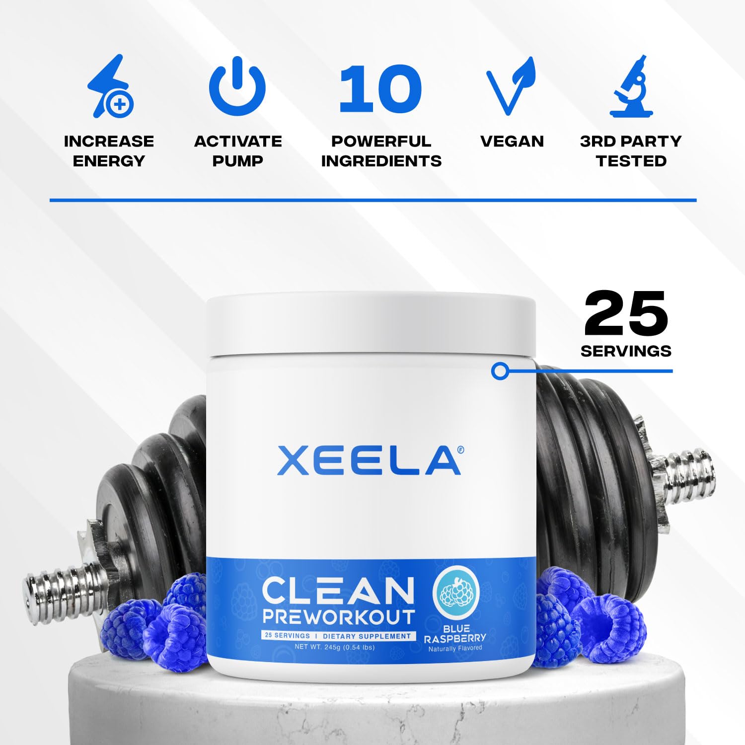 XEELA Pre Workout Powder - Clean & Tested - Jitter Free, Safe, and Natural - Increase Thermogenic Energy, Focus, and Endurance w/Creatine, Organic Caffeine, and Plant Based Citrulline (Blue Raspberry)