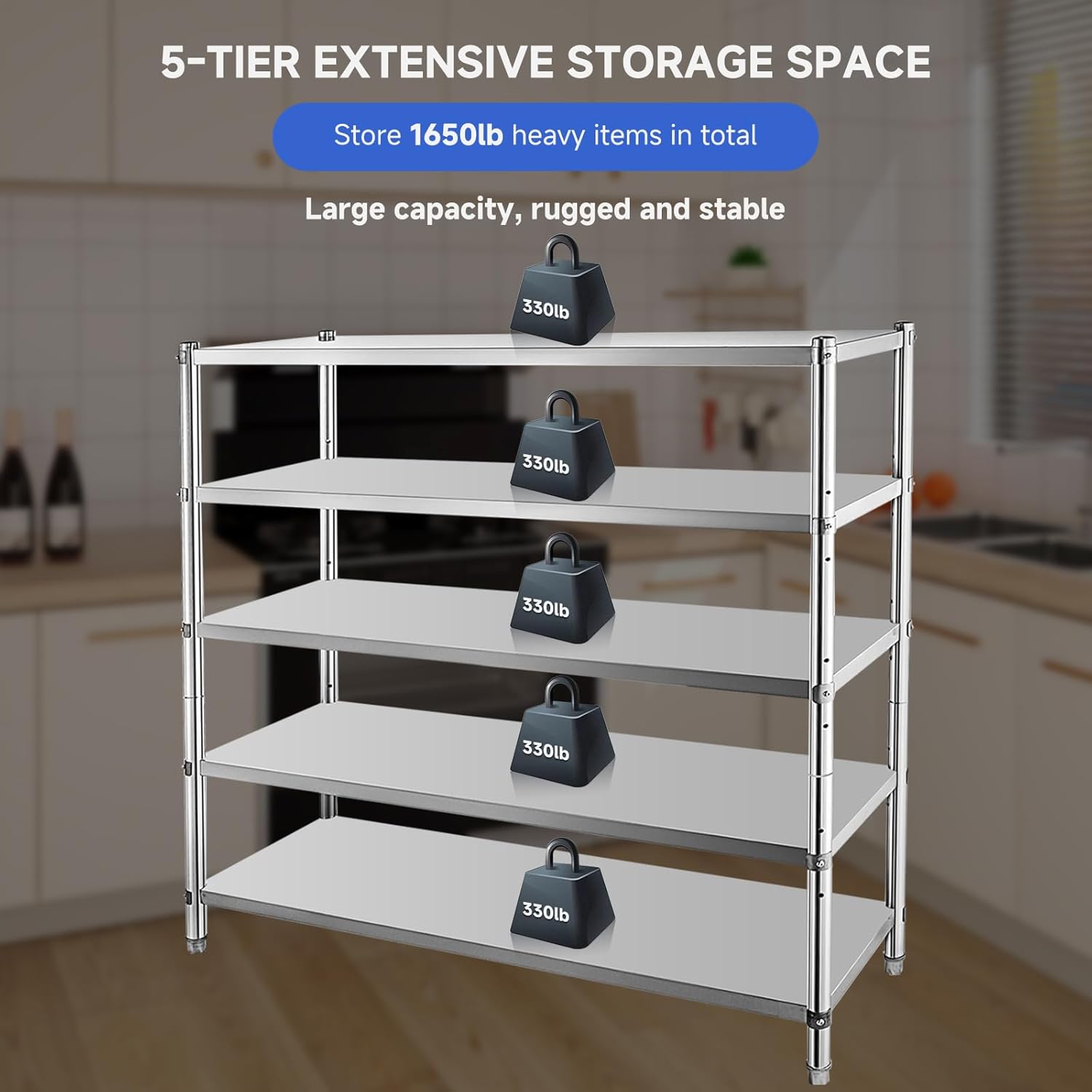 Icons representing dust-proof, easy to clean, rust-proof, scratch-proof, and durability features of the stainless steel construction.