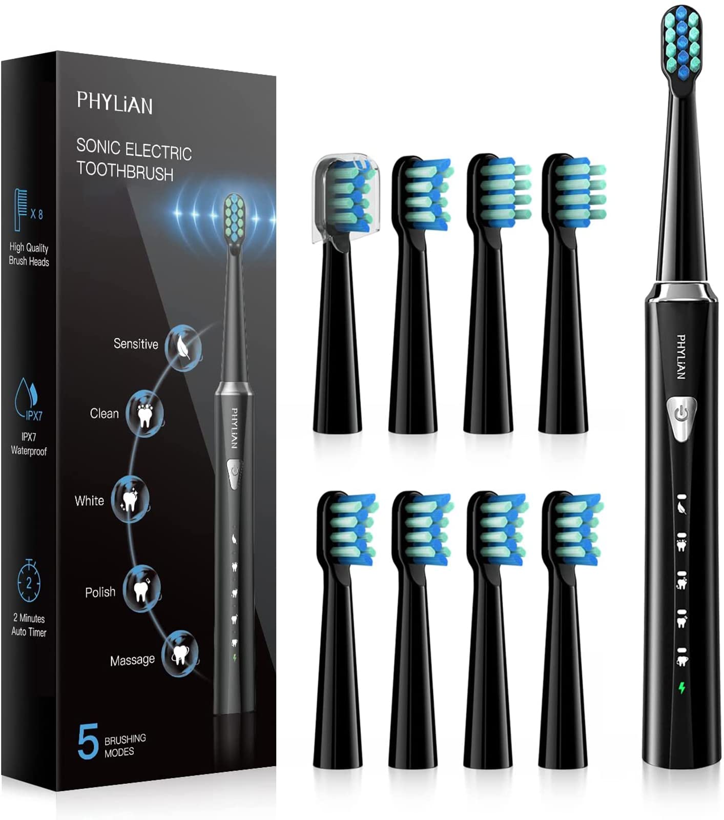 Sonic Electric Toothbrush Sonic Toothbrush - PHYLIAN Sonic Electric Toothbrushes with 8 Replacement Brushes, 5 Cleaning Modes