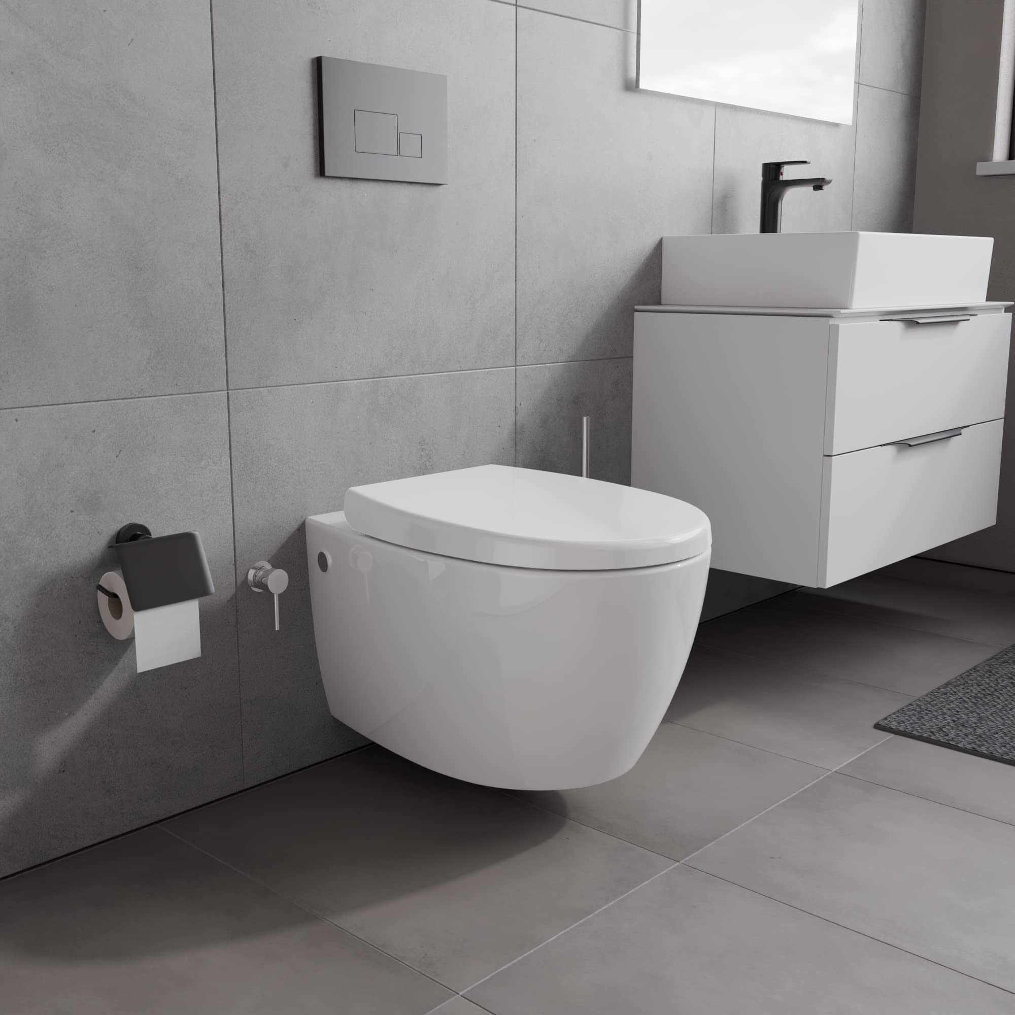 Aqua Bagno - WC Taharet, incluso sedile per WC da doccia, meccanismo Soft Close, WC sospeso con funzione bidet e sciacquone profondo, in ceramica