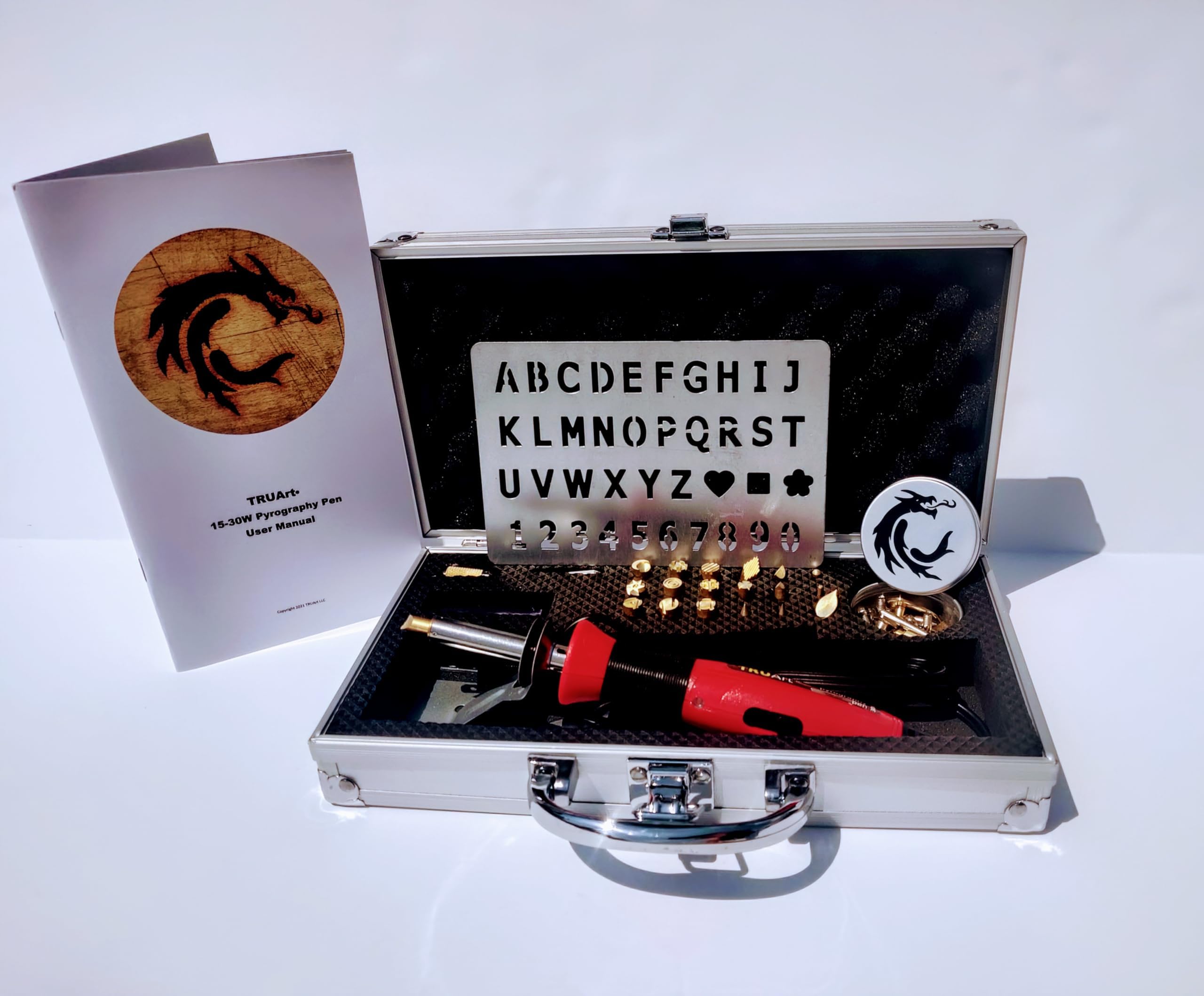 (Stage 1) TRUArt Wood and Leather Pyrography Dual Pen Set – 30W and 15W, Gourd (35 Tips, Aluminum Case, Two Pens, Metal Stencil)