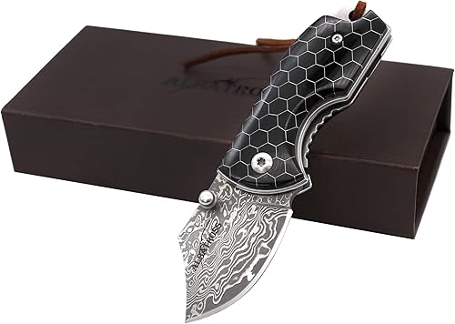 ALBATROSS EDC Navaja de bolsillo plegable de Damasco, hoja de acero de Damasco, mango de madera/resina, regalos/colecciones