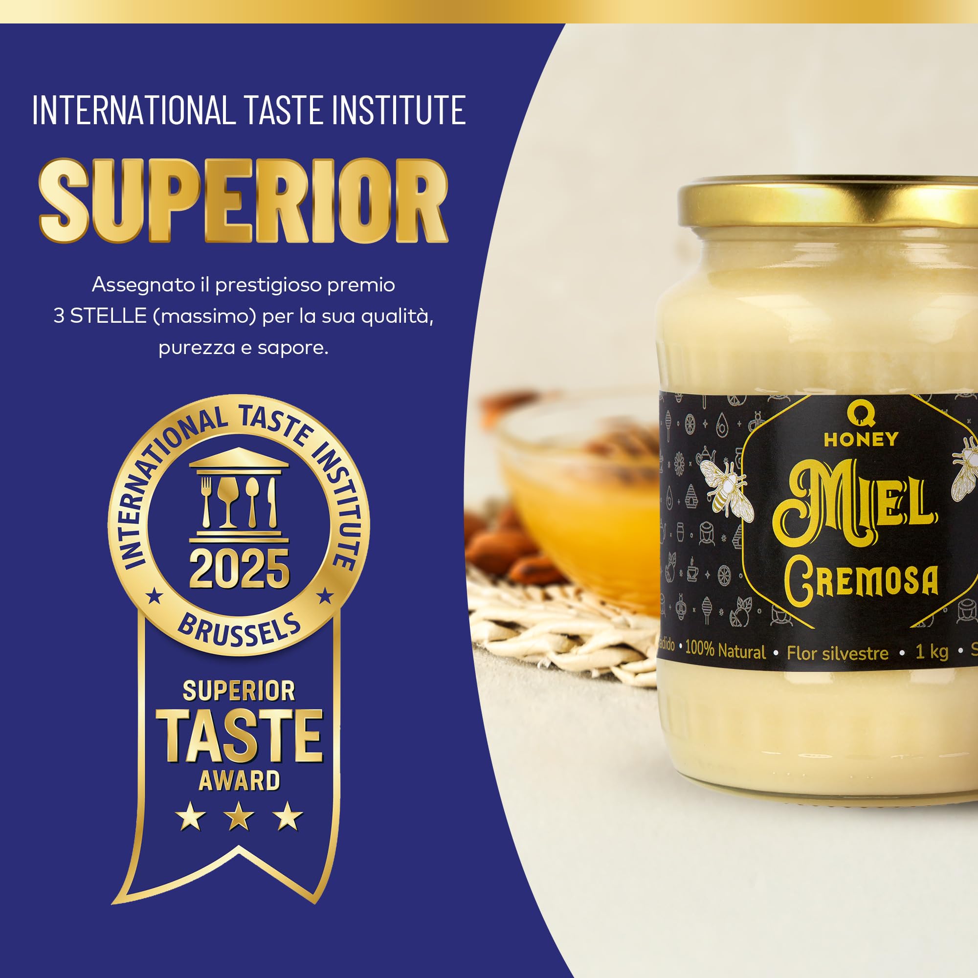 Q Honey Miele millefiori cremoso 1 kg – crudo, 100% naturale | Premiato: Superior Taste Bruxelles, London Platino 2026. Miele cremoso monorigine Lituania, crudo, senza additivi.