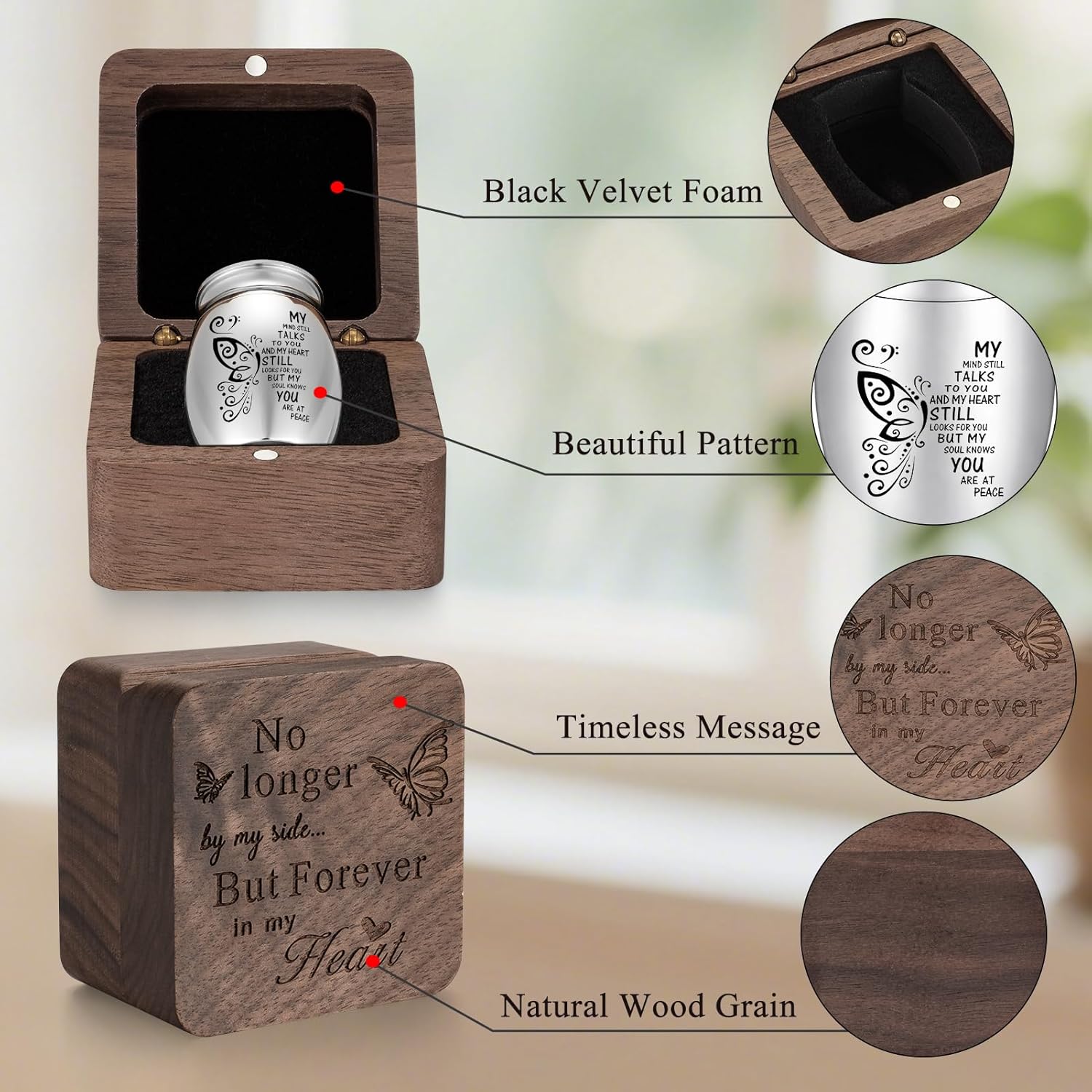 SOITIS Wooden Gift Box for Ashes, Small Urns for Human Ashes Keepsake, 1.57 Inches Stainless Steel Mini Urns for Ash, Cremation Urns for Women Men, Funeral Burial Holder - Image 4