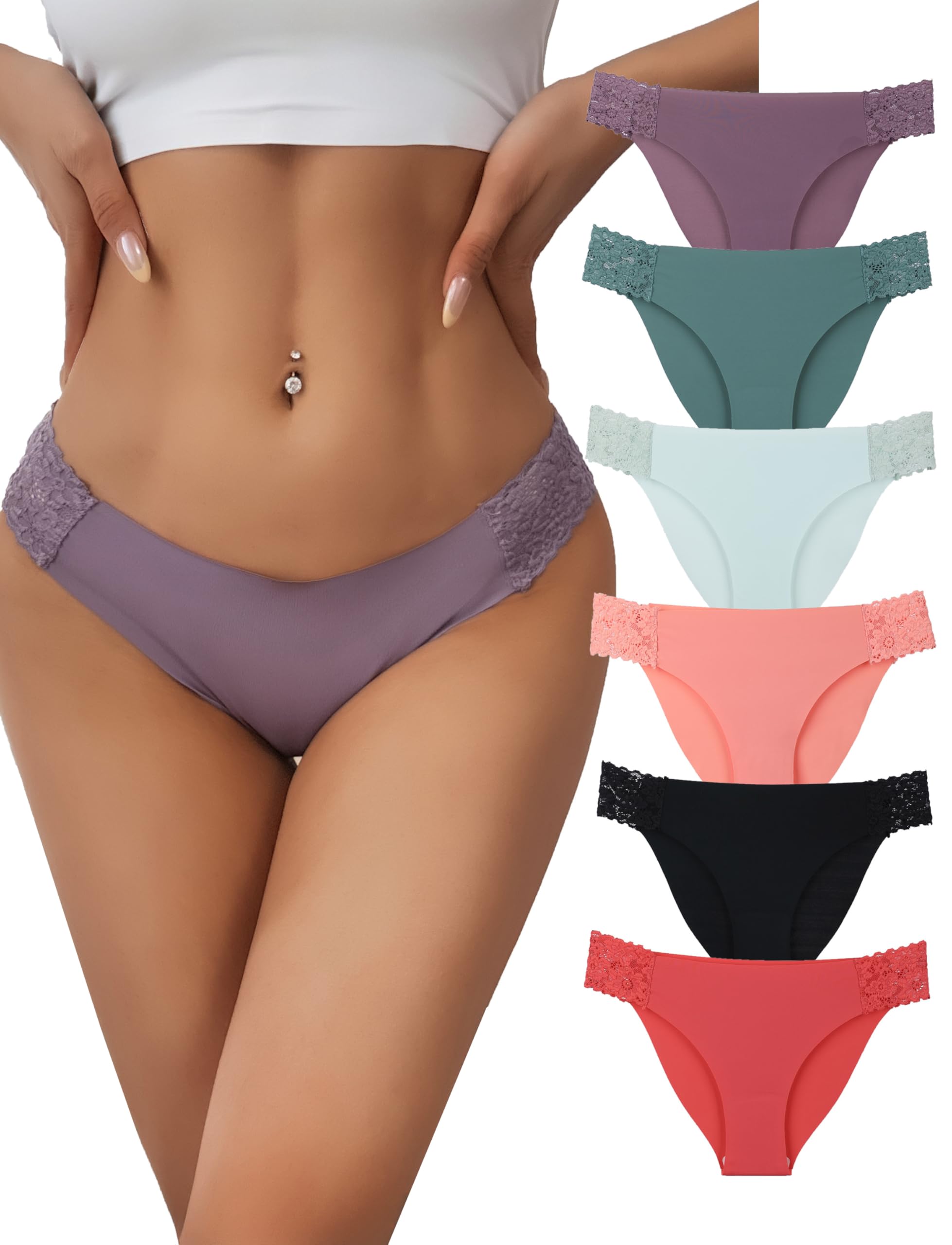6 pack Seamless Underwear for Women Sexy No Show Bikini Panties Lace Ladies low waist Invisible Cheeky
