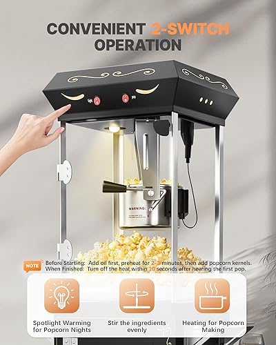 Miniatura 5 de Carro de máquina de palomitas de maíz mejorado 2025 de 8 onzas, máquina para hacer palomitas de maíz con hervidor de acero inoxidable que hace hasta