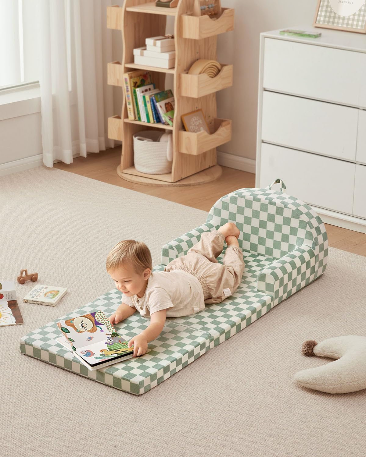 blissful diary foldable toddler couch, 2-in-1 comfy toddler chair & lounger for reading, playroom, kids couch sofa for girls boys birthday gift, sage checkered