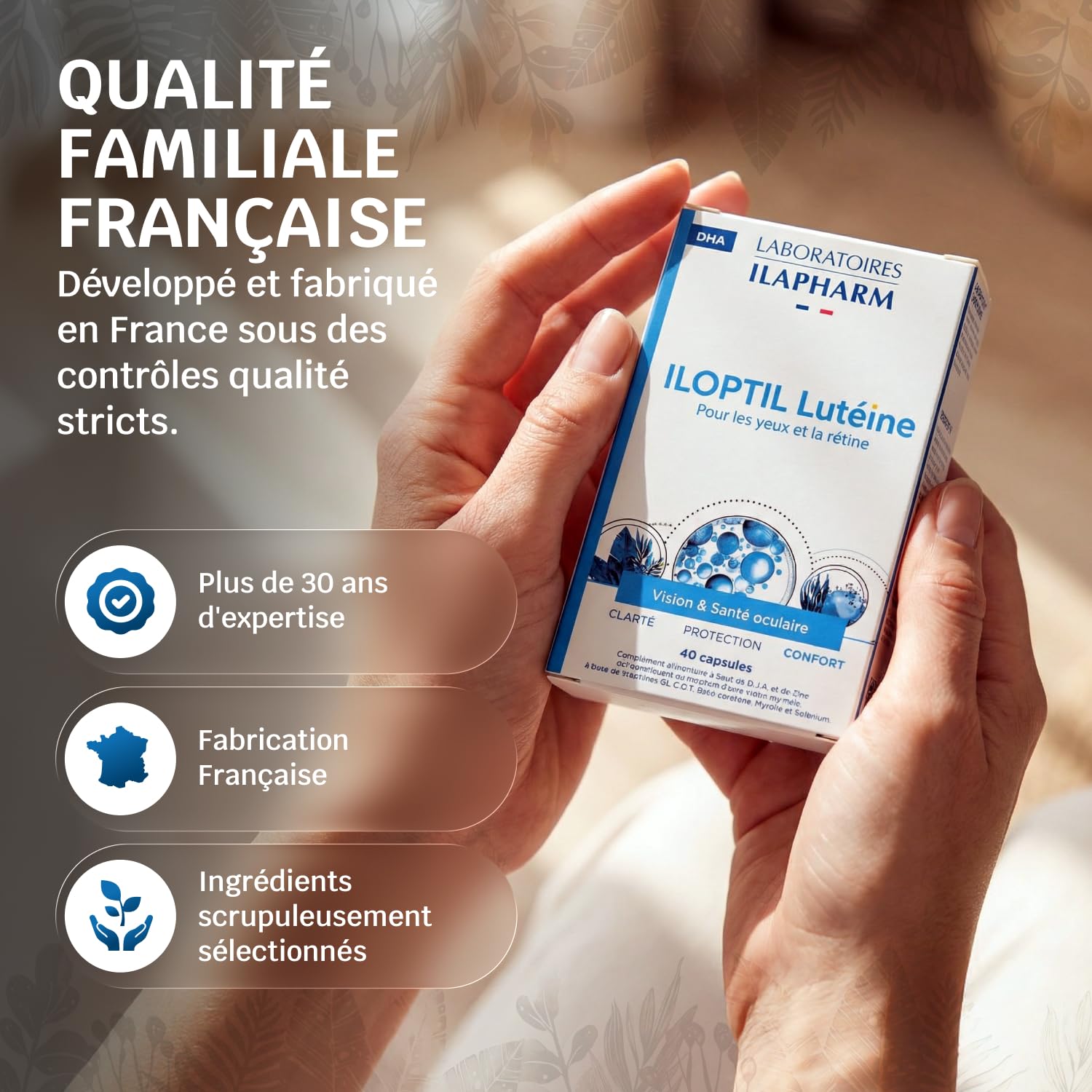 Laboratoires Ilapharm - Iloptil Luteine Et Zeaxanthine- D.H.A, Lutéine, Zéaxanthine, Myrtille, Vitamines Et Minéraux - Protection Des Yeux Et De La Retine - 40 Capsules | Myrtille & Bêta-carotène · Vit. C, E, Zinc & Sélénium : Protection des Cellules · 40