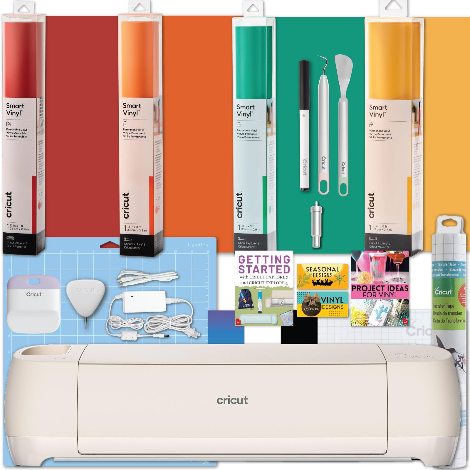 Cricut Explore 4 Cutting Machine with Smart Vinyl Rolls Bundle - Electronic Craft Die-Cutting Machine with Variety Vinyl, Transfer Tape and Weeding Tools, Beginner Kit, Bluetooth Connectivity
