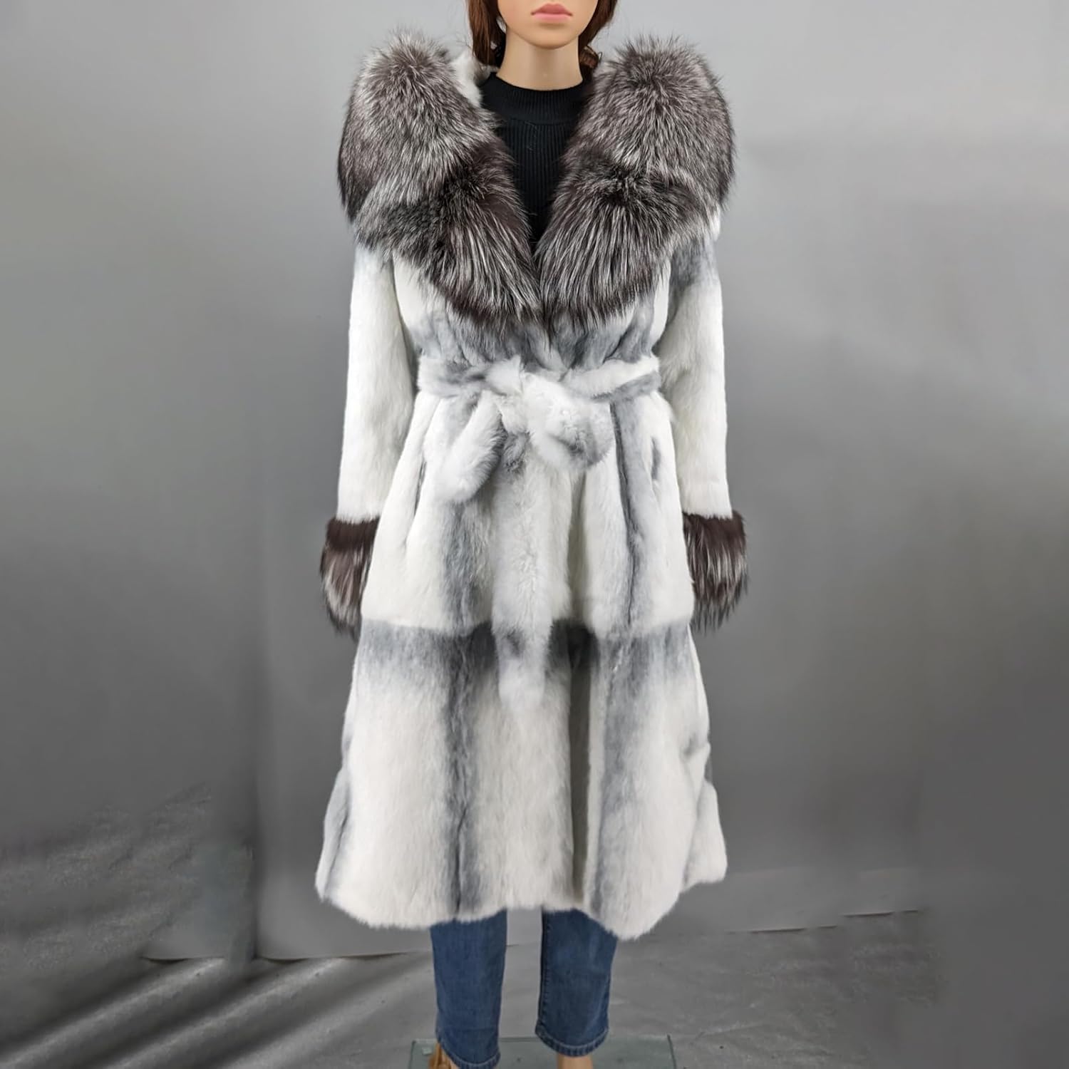 LVCOMEFF Women Genuine Rabbit Fur Long Coat Jacket with Silver Fox Fur Collar Hood Luxurious
