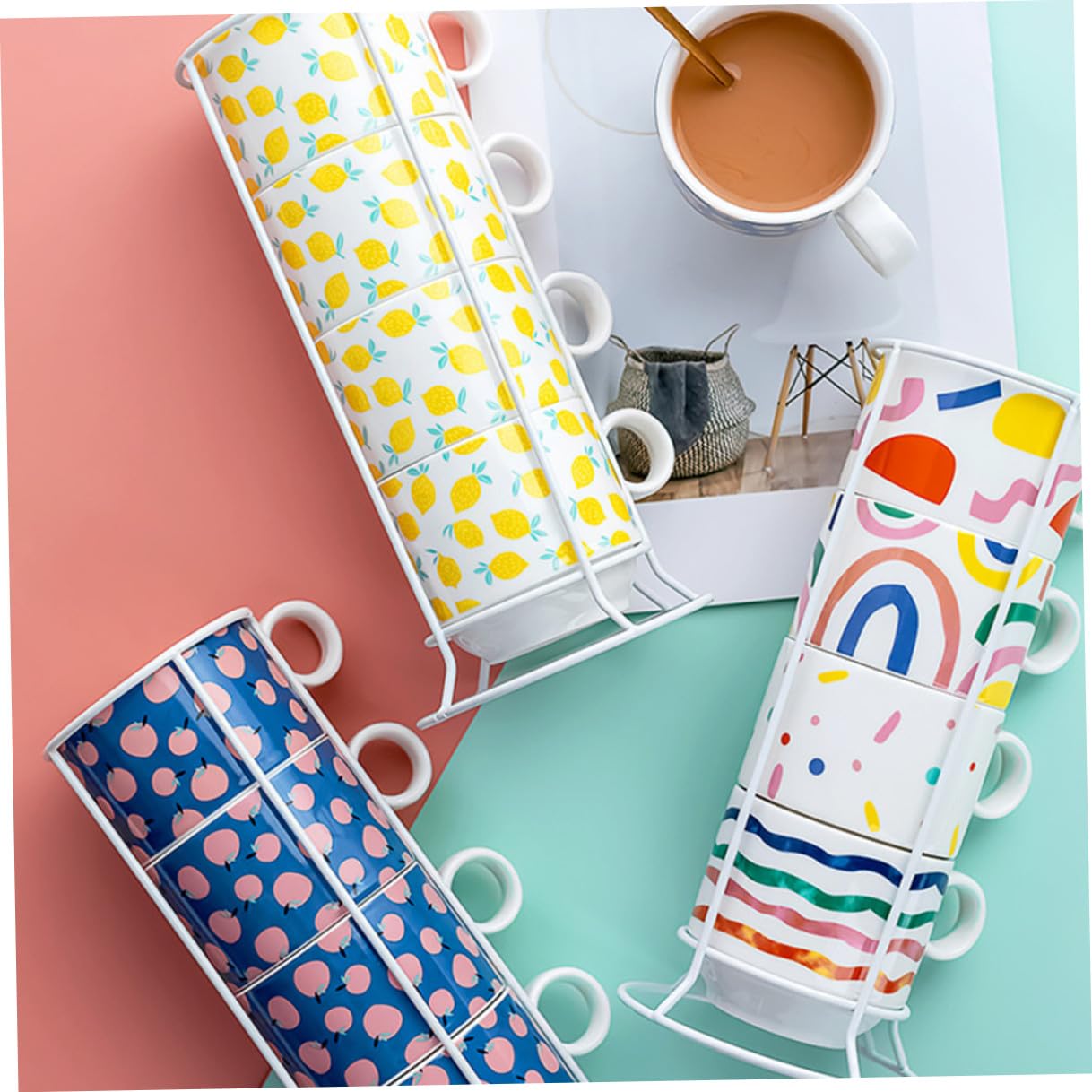 jojofuny Set 4 Tazze in Ceramica Impilabili da 200 Ml Supporto Porta Tazze Salvaspazio per Cucina Casa Ufficio e Bar