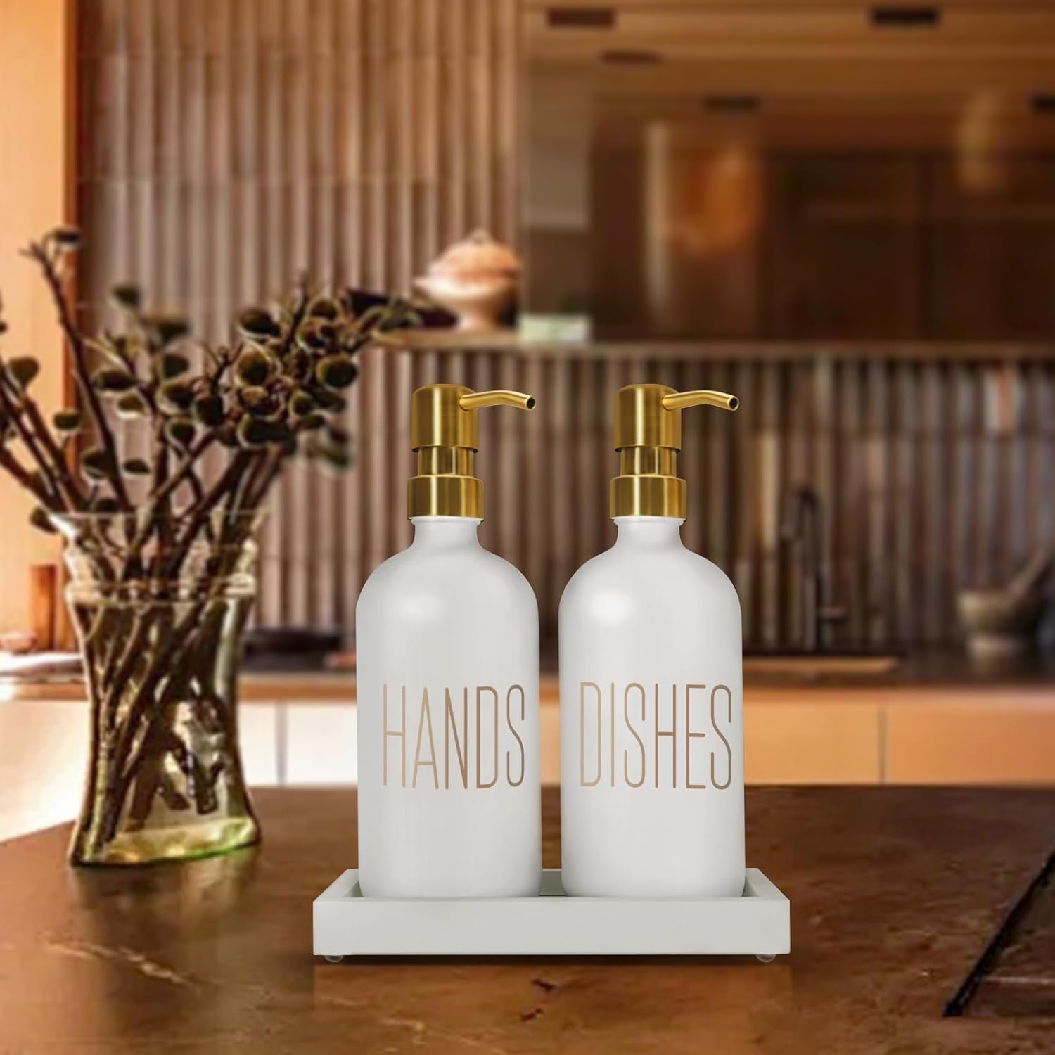 Soap Dispenser Set, Contains Hand Soap Dispenser and Dish Soap Dispenser for Kitchen, Glass Soap Dispenser with Stainless Steel Pump,for Luxury Gold Kitchen Counter Decor,(White) - Image 4