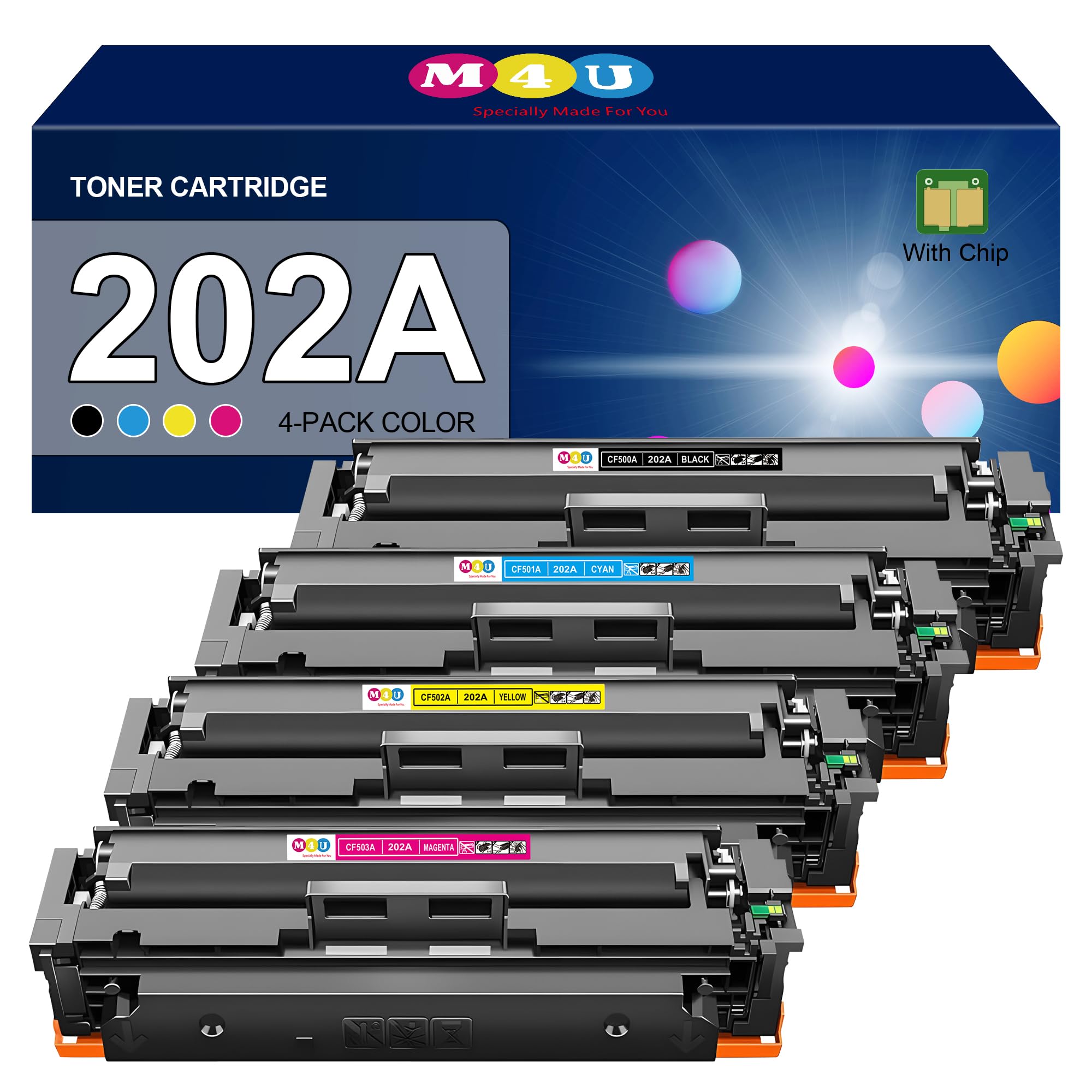 202A Toner Cartridges 4 Pack(with chip) Comaptible with 202A Toner Cartridges, Works with Color Laser Jet Pro M254dw; Color Laser Jet Pro MFP M281cdw,