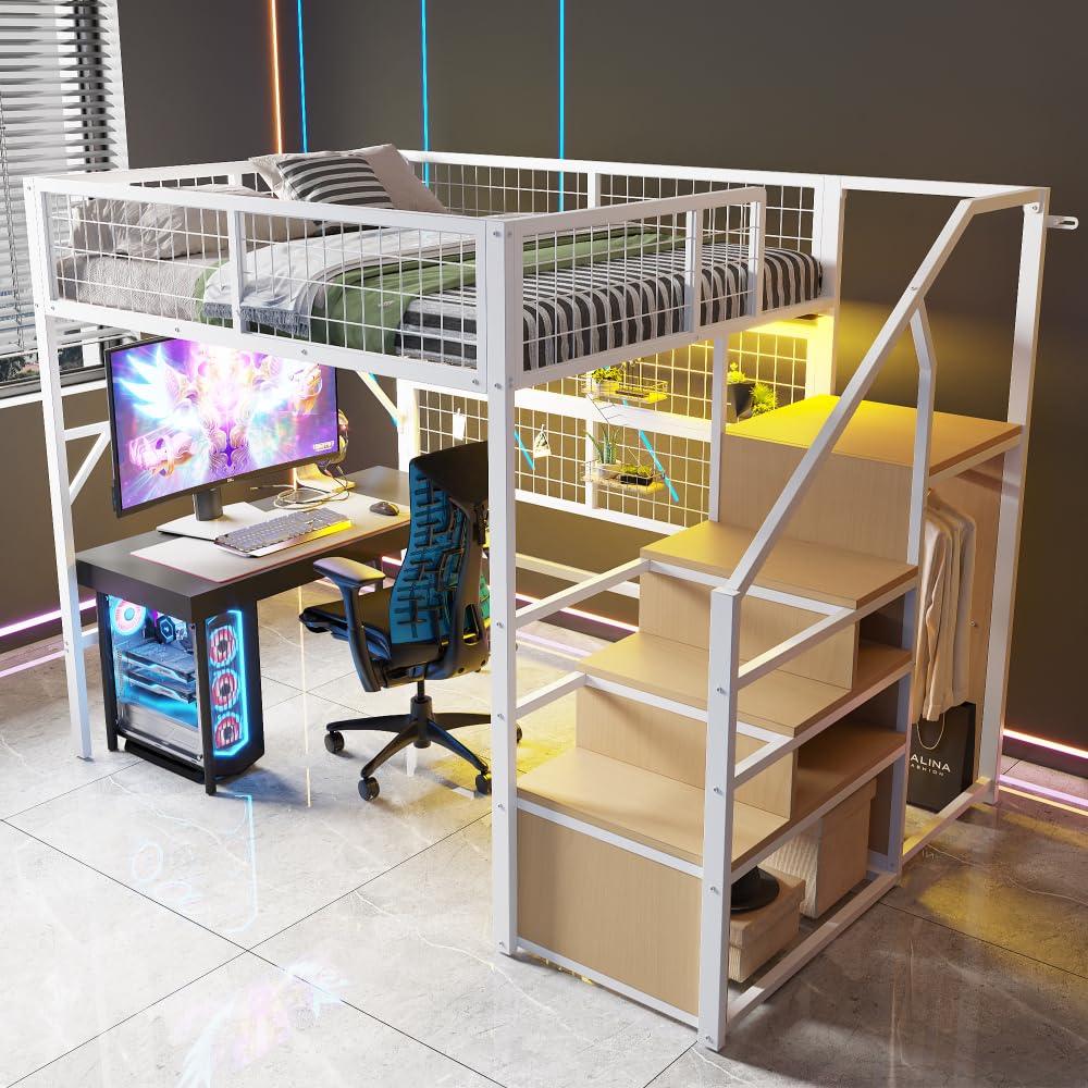 I0I&I0I Cama de metal de hierro para niños y jóvenes con tiras de luz LED, escalera con espacio de almacenamiento, armario abierto, color negro, versátil 193 (blanco + metal + 140 cm x 200 cm)