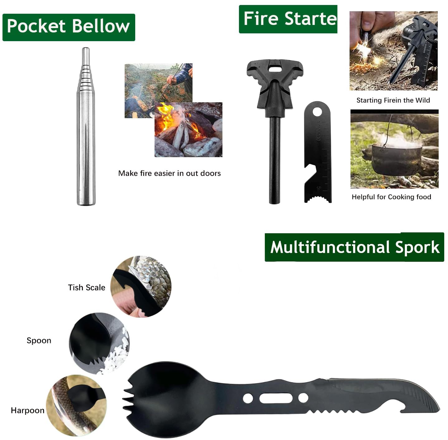 Survival Kit, Outdoor Erste-Hilfe-Set mit Klappmesser, Kompass, Angeln Zubehör für Camping, Bushcraft, Wandern, Bergsteigen, Schwarz