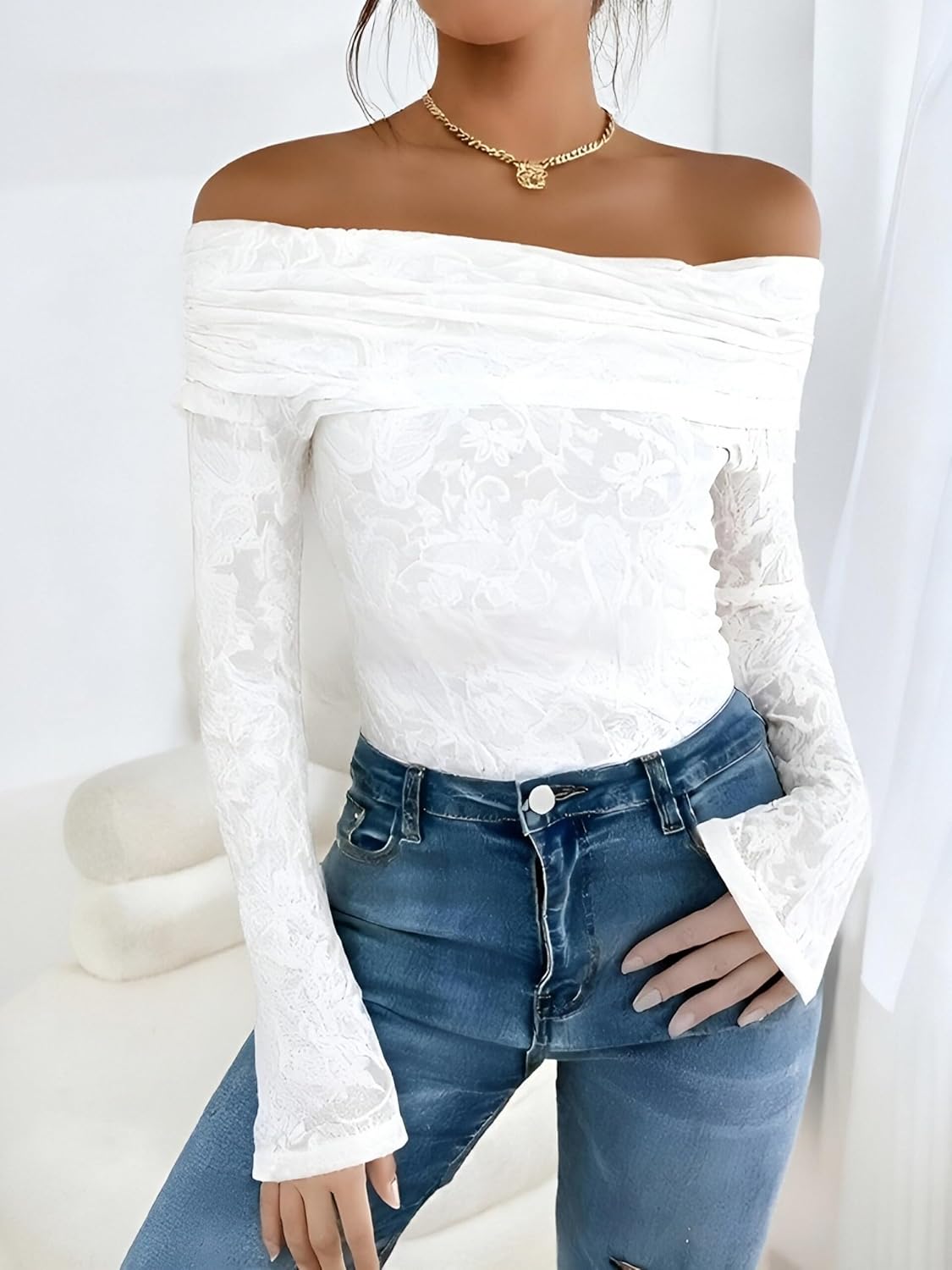 Women’s Off Shoulder Lace Ruched Tops Long Sleeve Slim Fit Blouses Shirts 2026 Going Out T-Shirt - Image 5