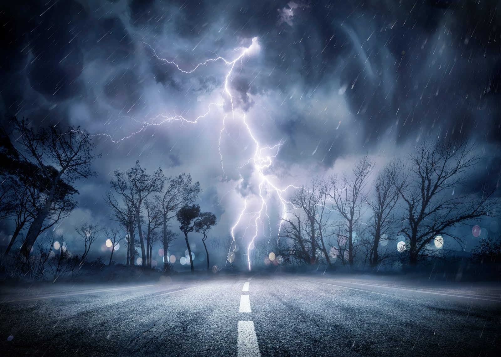 Road Sky Clouds Lightning Dramatic Stormy Road With Lightning In The