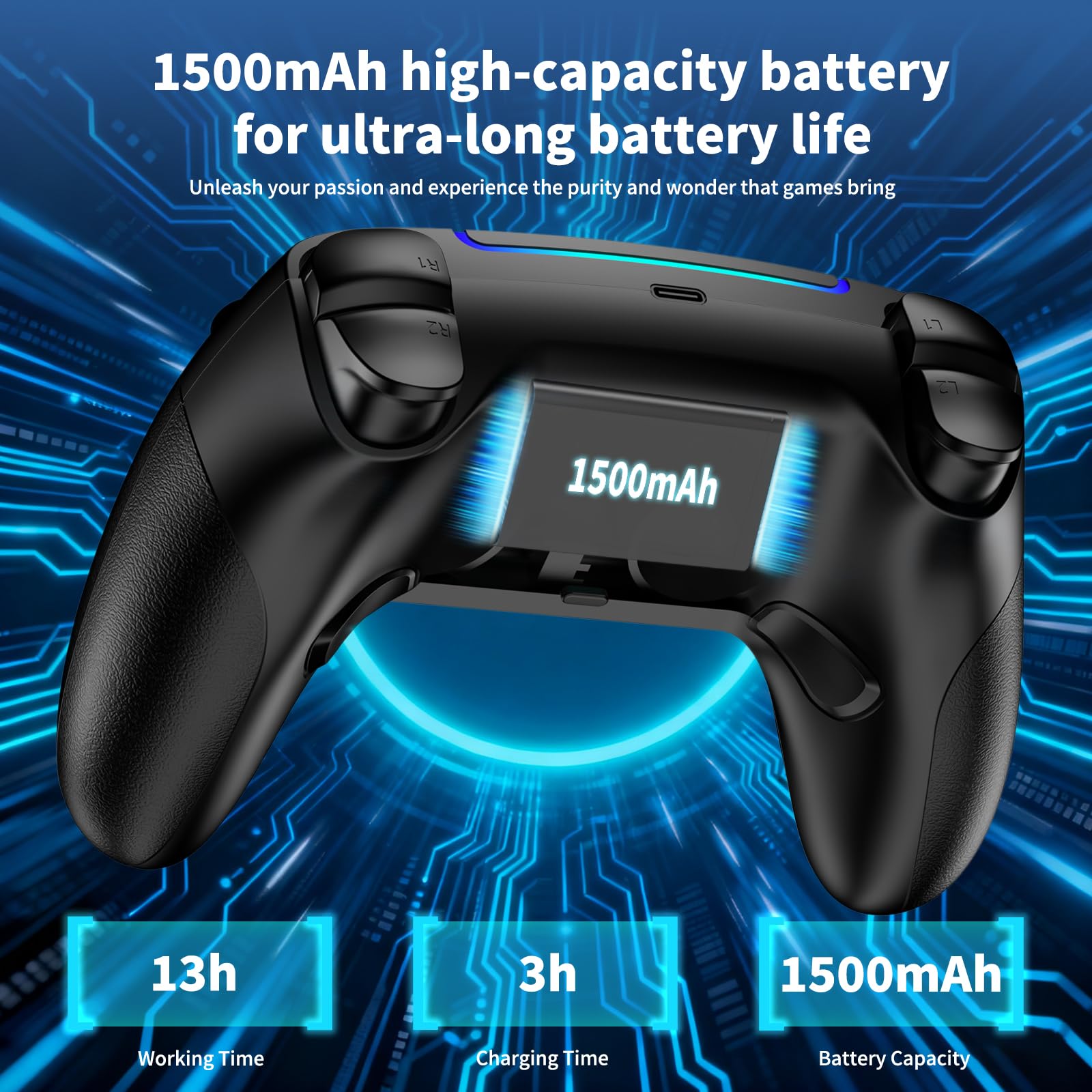 JORREP Manette sans fil pour PS5/Pro/Steam Deck/PC/MAC/iOS/Android10, manette de jeu avec éclairage RVB/double vibration/turbo/programmable/connexion casque/gyroscope 6 axes/batterie 1500 mAh