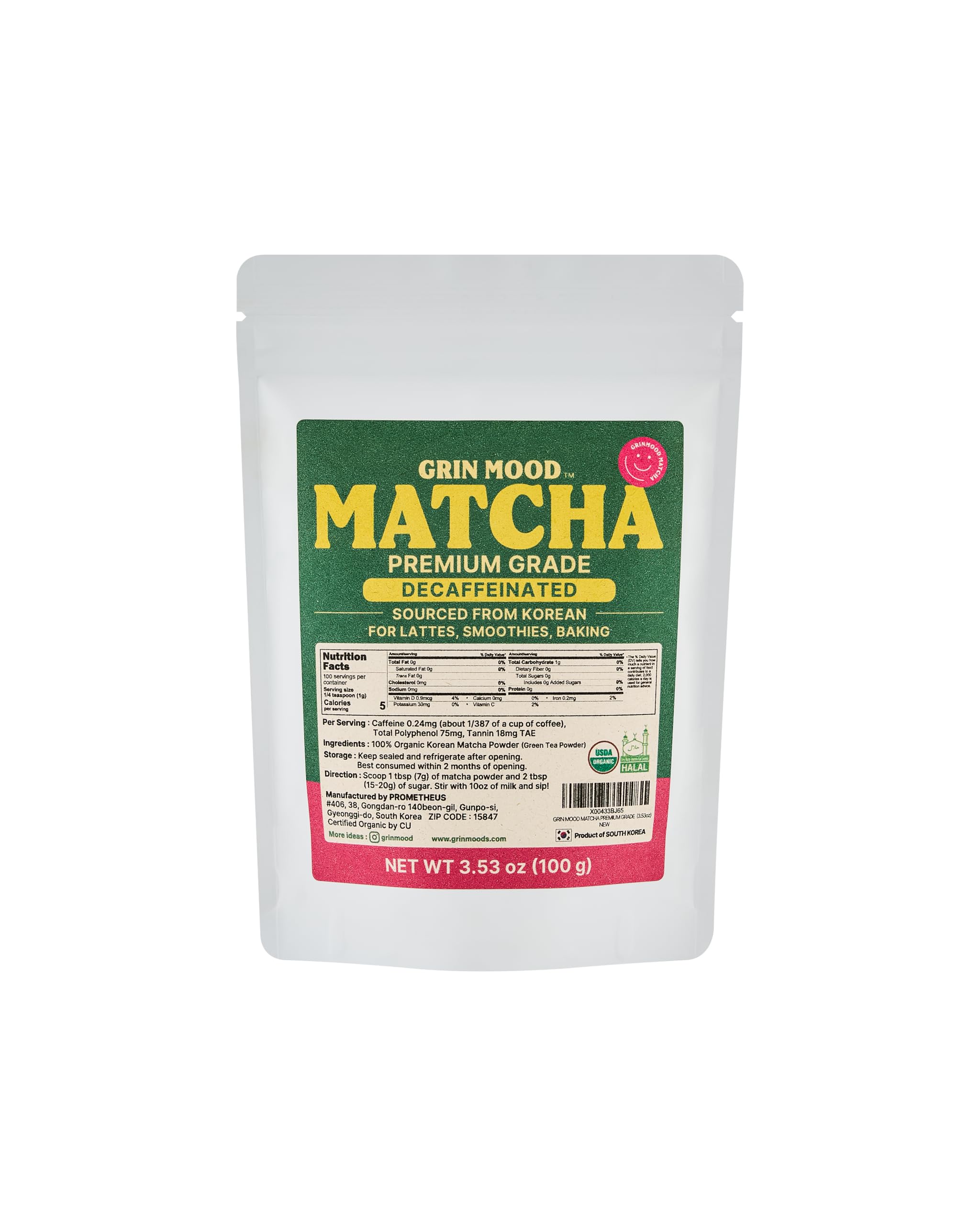 GRIN MOOD Matcha Powder - Organic Green Tea Powder - Decaffeinated Green Tea Authentic Korean Matcha Halal 3