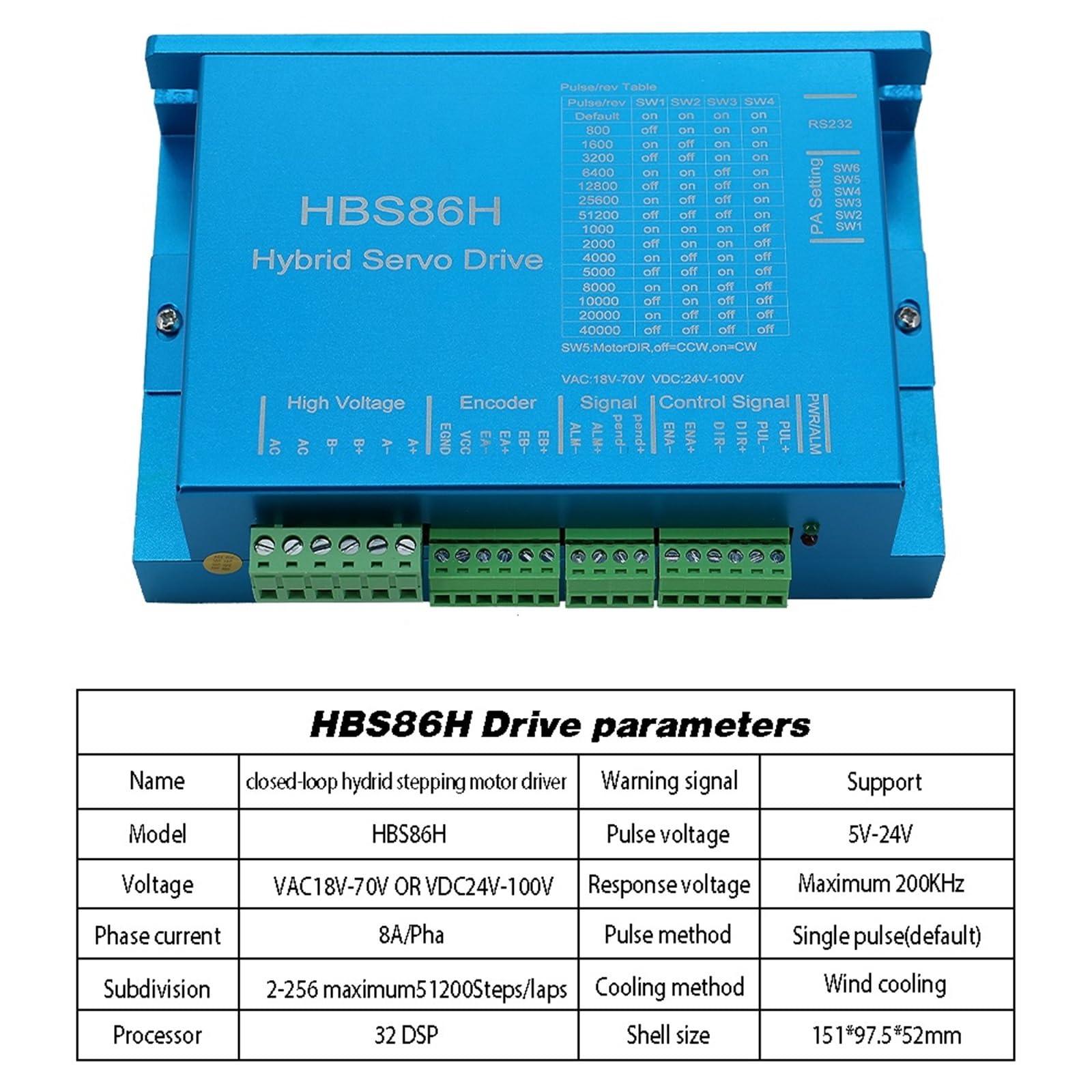 Controlador de servomotor HBS860H / HBS86H / HSS86 AC 20-80V DC 30-110V 8A Soporte de ventilador independiente motor de circuito cerrado Nema34(1pc DM860)