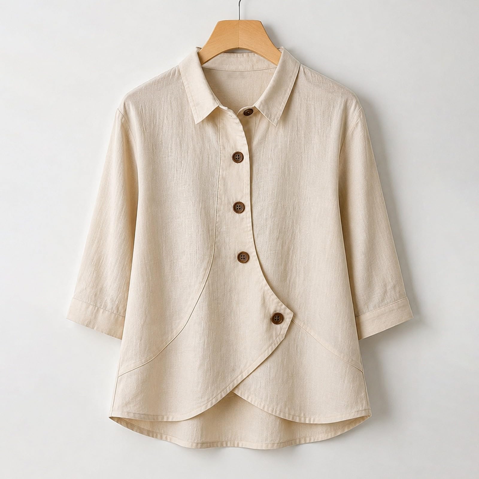 Camicetta da donna con maniche a 3/4, effetto lino, abbottonatura | Camicetta casual da donna con tasche, traspirante, per il tempo libero, l'ufficio, la primavera e l'autunno