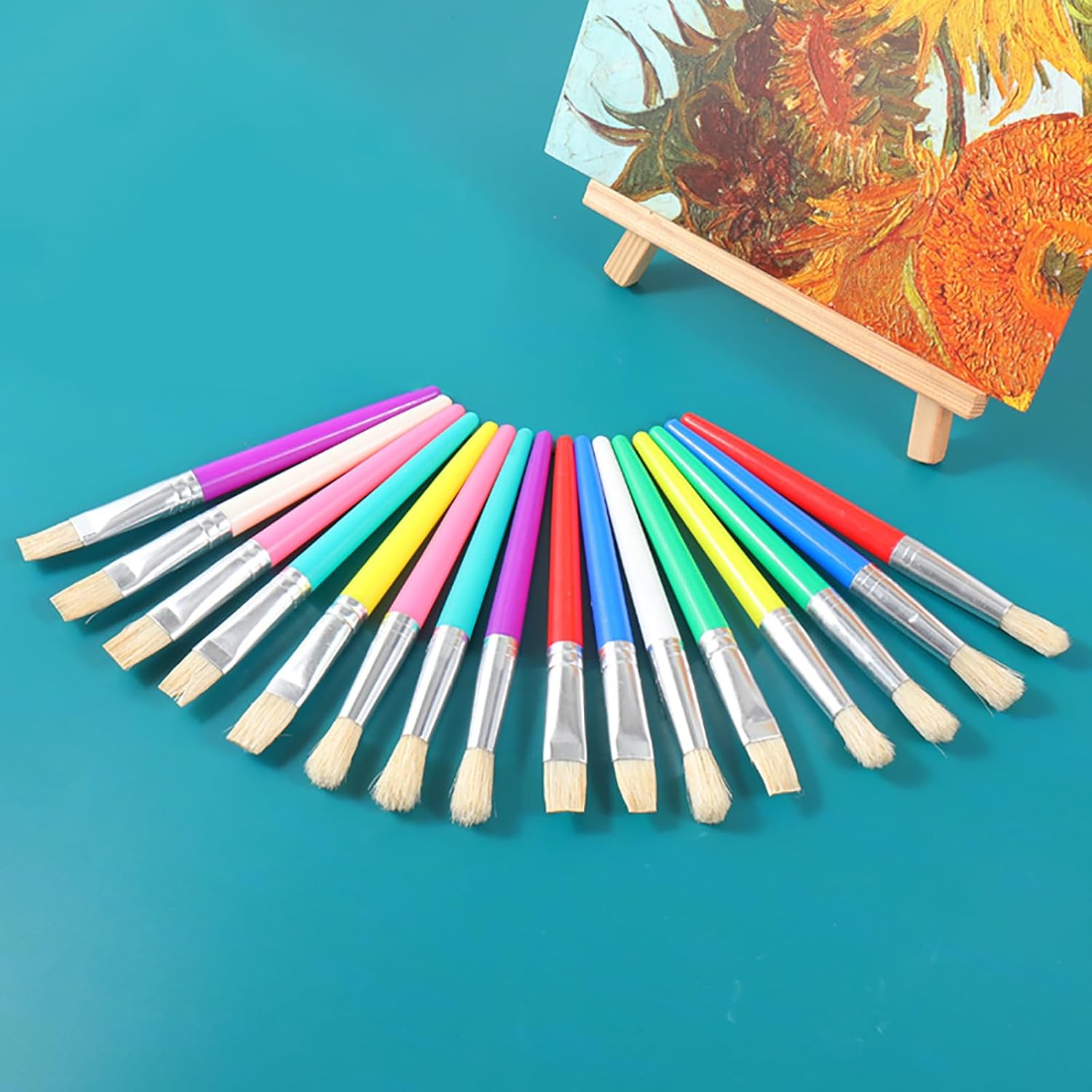 16 Pieces Kids Paint Brushes withPaint Palette Round Flat Bristle Tip Paintbrushes Coloful Painting Sets for Children