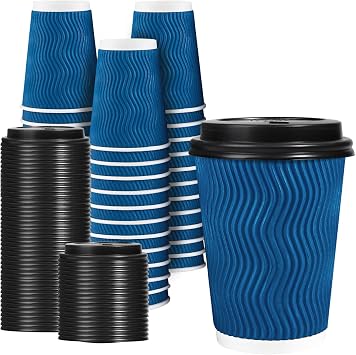 Lamosi Coffee Cups with Lids 12 oz 50 Pack, Disposable To Go Cups with Lid | Paper Insulated Corrugated Ripple Wall Cups for Hot or Cold Drinks and Tea, Party, Travel, Cafe and Travel Use Navy