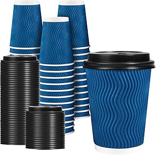 12 OZ Disposable Coffee Cups with Lids 50 Pack, Hot Paper Insulated Corrugated Ripple Wall Cup for To Go Drinks and Beverages