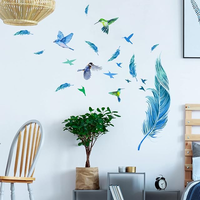 Blue Feathers Wall Decals Stickers, Removable Watercolor Hummingbird Feather Wall Stickers, DIY Mural Art Decor for Kids Girls Bedroom Nursery Classroom