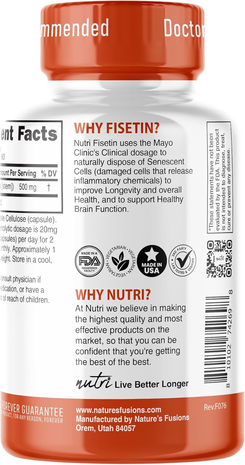 Nutri Fisetin 500mg 60 Count - Clinical Dosage - Fisetin Supplements - Powerful Senolytic Activator, Antioxidant, Heart & Brain Support - Natural Polyphenols - 60 Count - 3rd Party Tested for Purity - Image 6