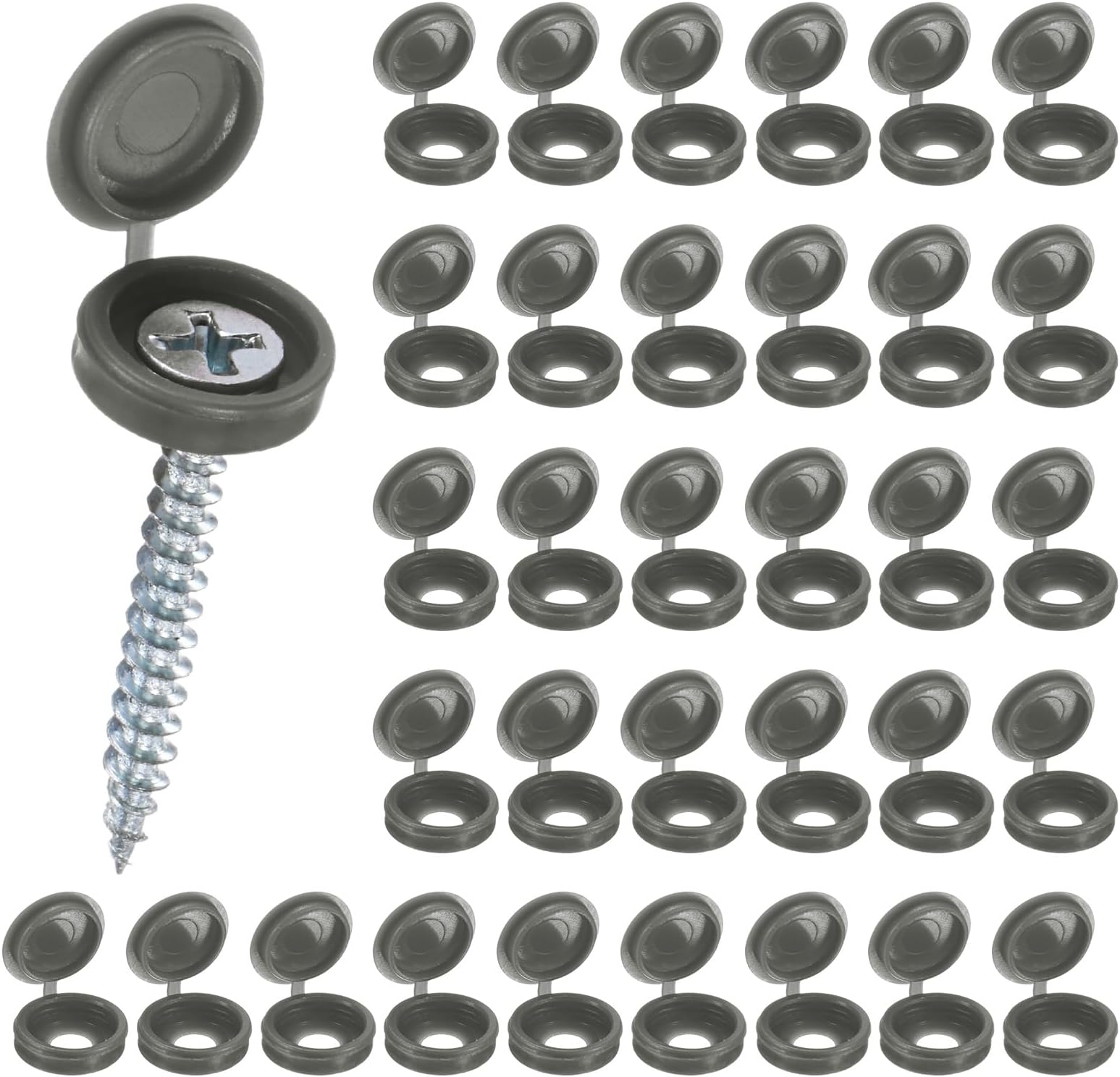 100-Pack Plastic Hinged Screw Cover Caps, 5mm Shutter Screws with Caps, Fold Snap Washer Covers, Washer Flip Protection Covering M3 M4 M5 Screws Heads [Dark Gray]